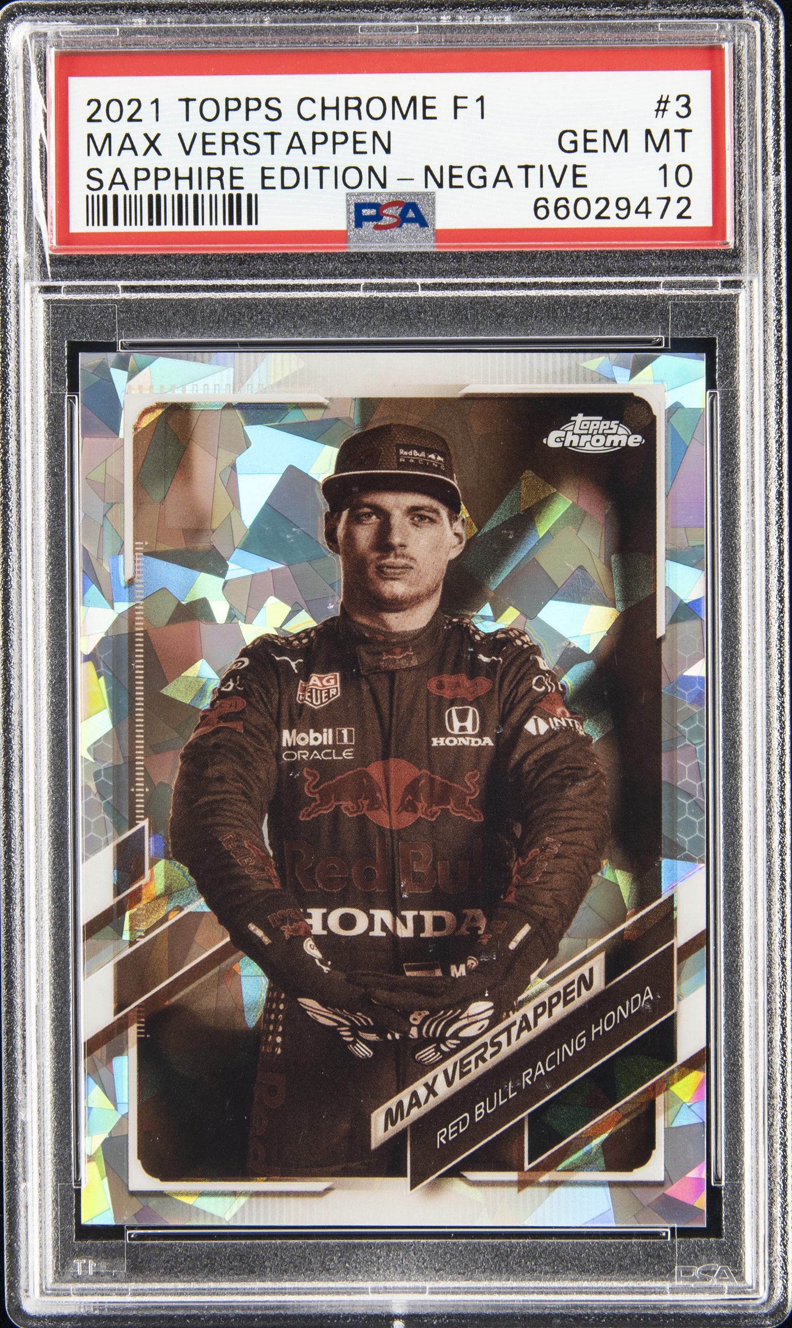 2021 Topps Chrome Formula 1 Sapphire Edition Negative #3 Max Verstappen (#078/100) – PSA GEM MT 10