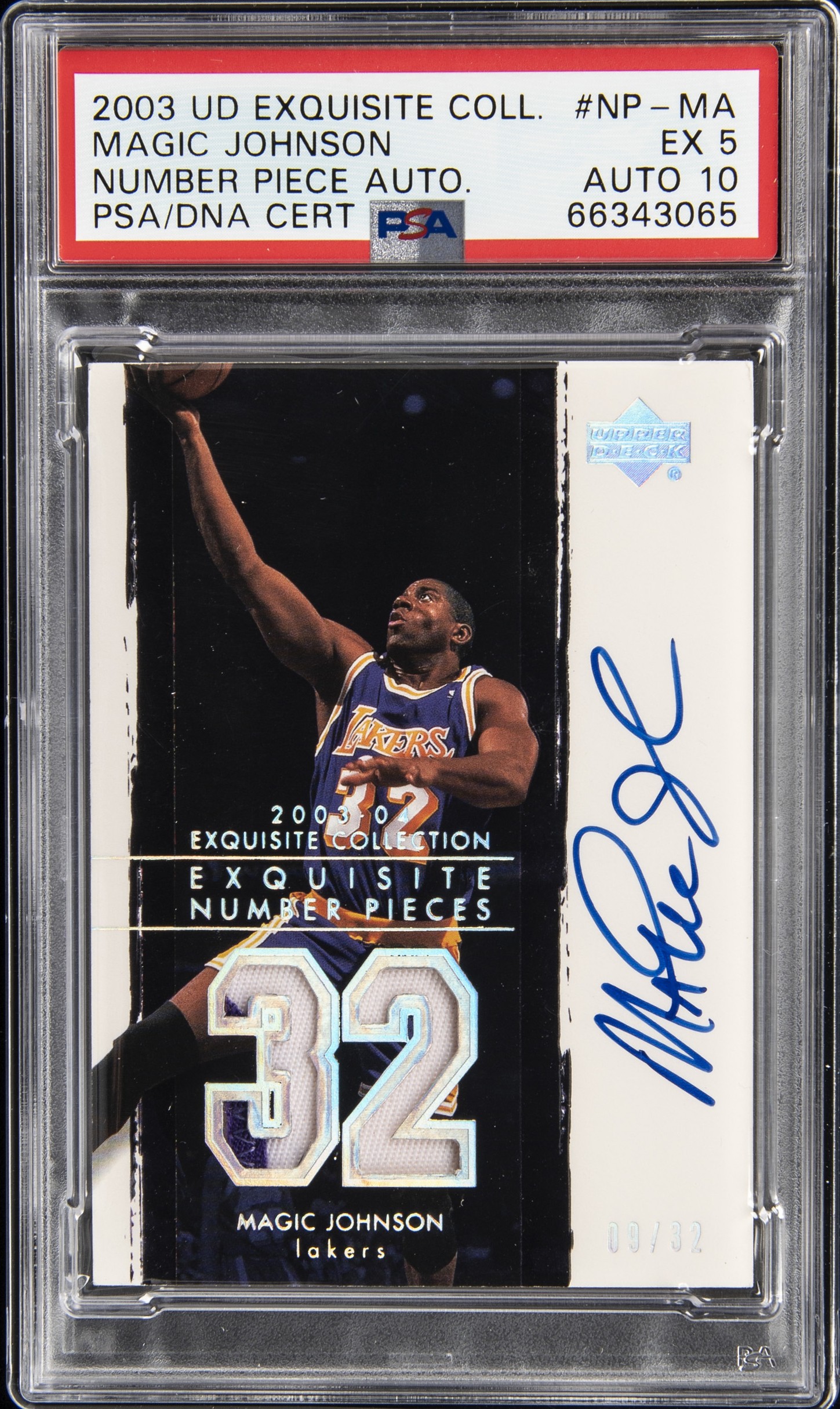 2003-04 UD Exquisite Collection Number Piece Autographs #NP-MA Magic Johnson Signed Game-Used Patch Card (#09/32) – PSA EX 5, PSA/DNA GEM MT 10