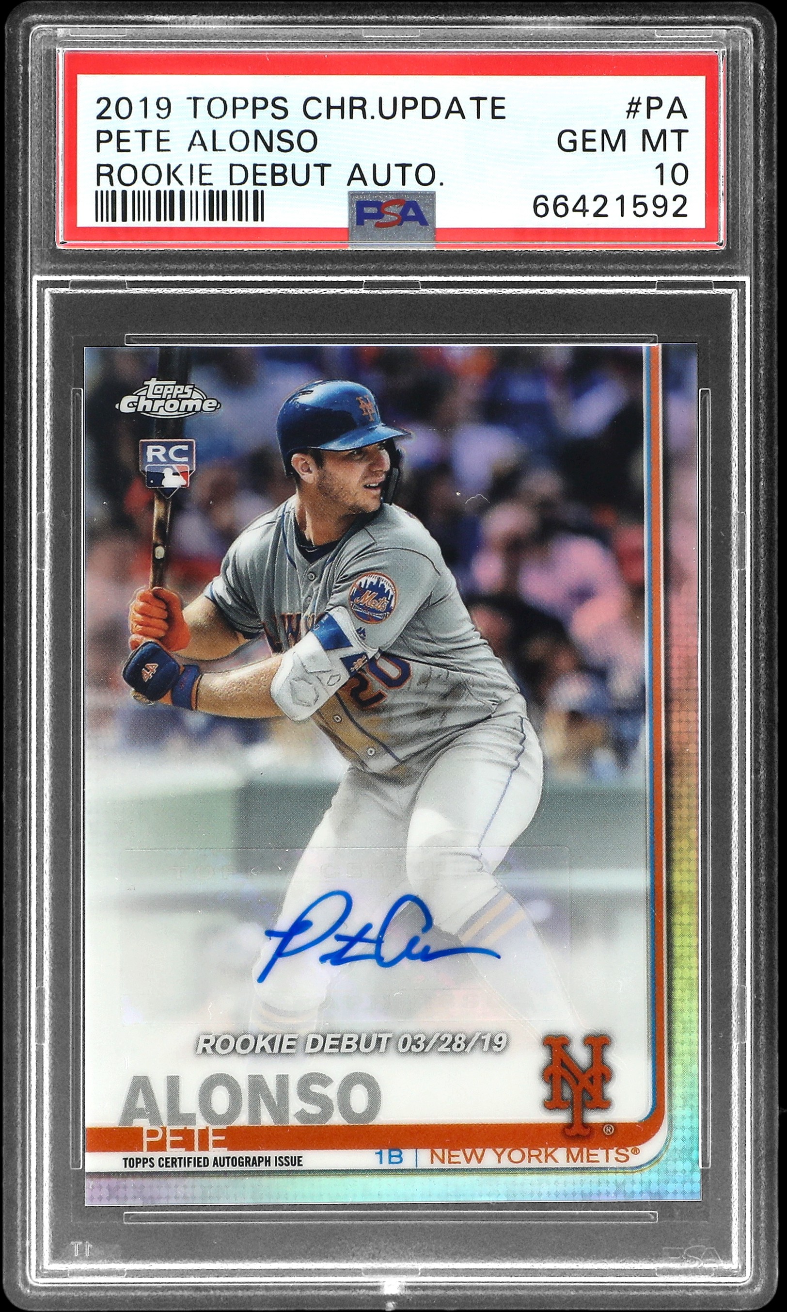2019 Topps Chrome Update Rookie Debut Autograph #PA Pete Alonso Signed Rookie Card – PSA GEM MT 10