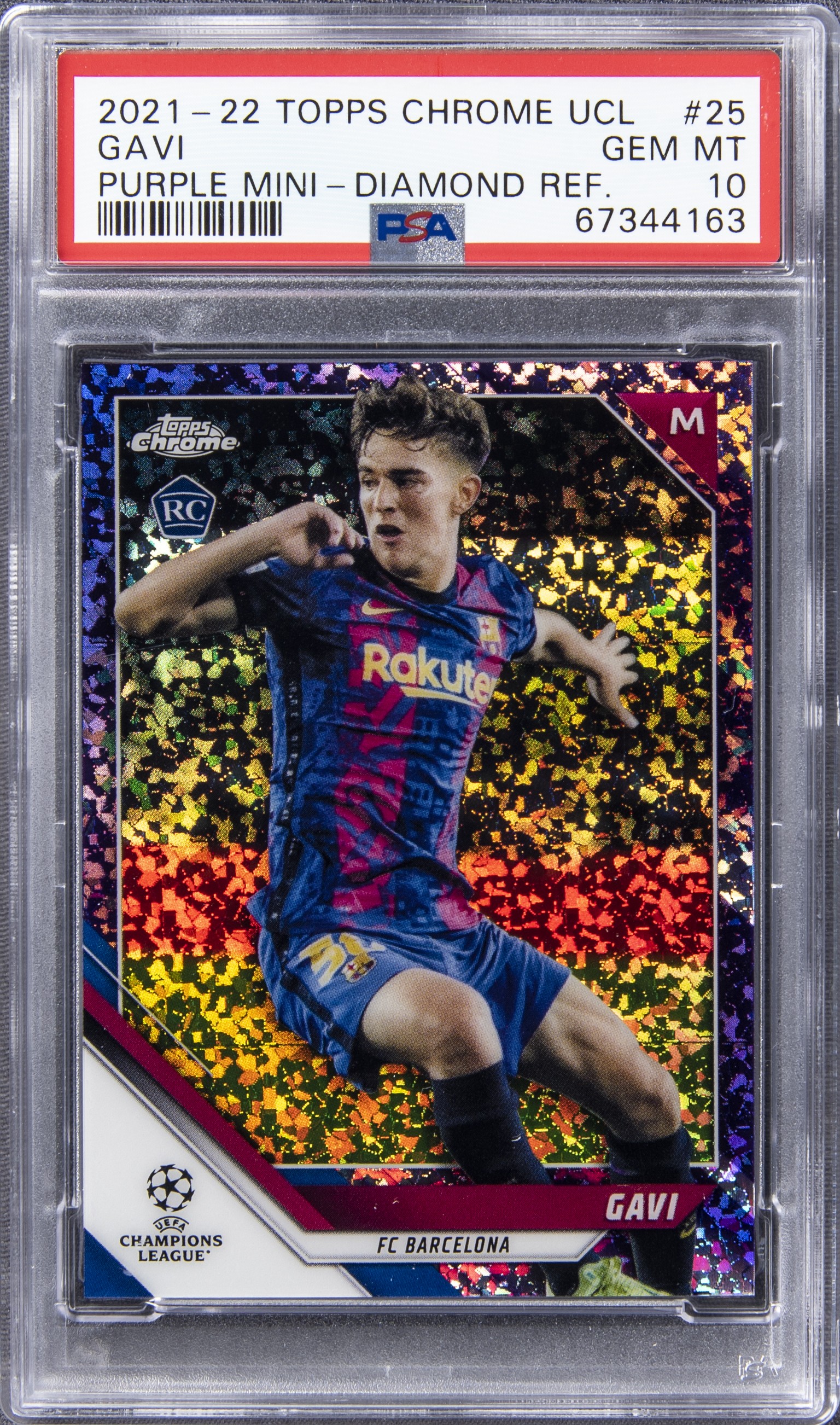 2021-22 Topps Chrome UEFA Champions League Purple Mini Diamond Refractor #25 Gavi Rookie Card (#221/250) – PSA GEM MT 10