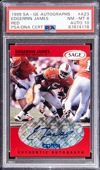 1999 Sa-Ge Autographs Red #A23 Edgerrin James Signed Rookie Card (#837/859)  – PSA NM-MT 8 on Goldin Auctions