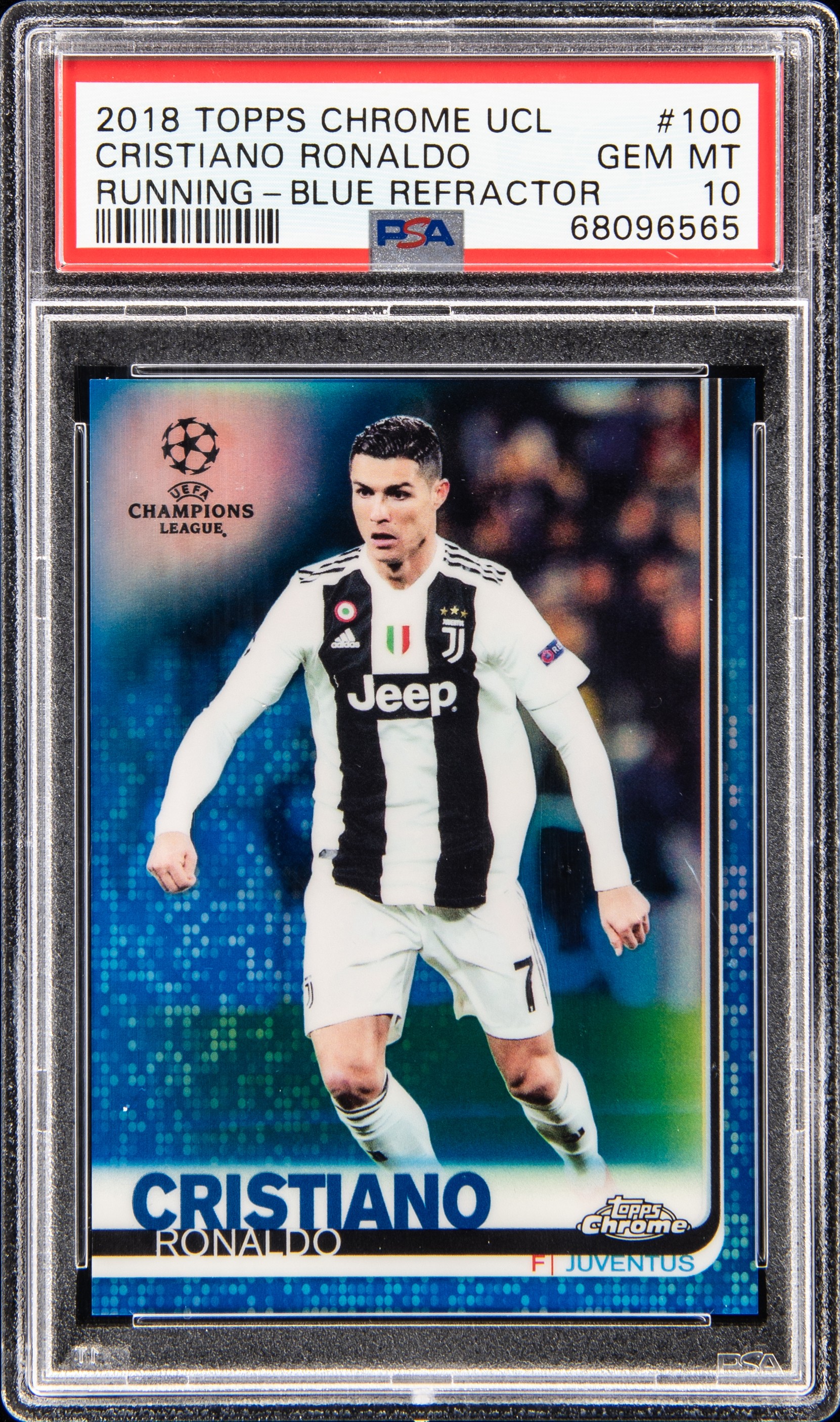 2018-19 Topps Chrome UEFA Champions League Blue Refractor #100 Cristiano Ronaldo, Running (#068/150) – PSA GEM MT 10