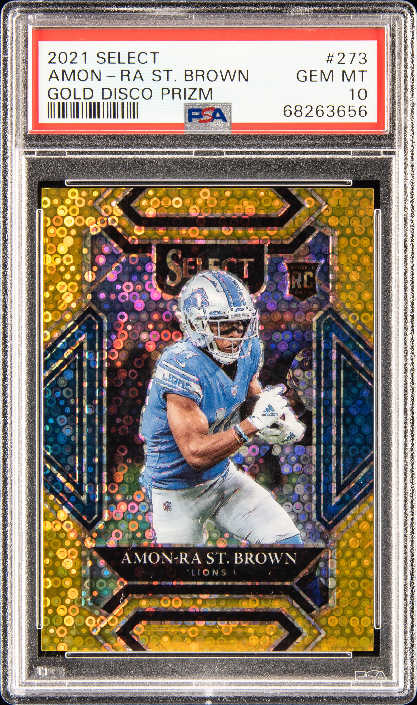 2021 Panini Select Gold Disco Prizm #273 Amon-Ra St. Brown Rookie Card (#06/10) – PSA GEM MT 10