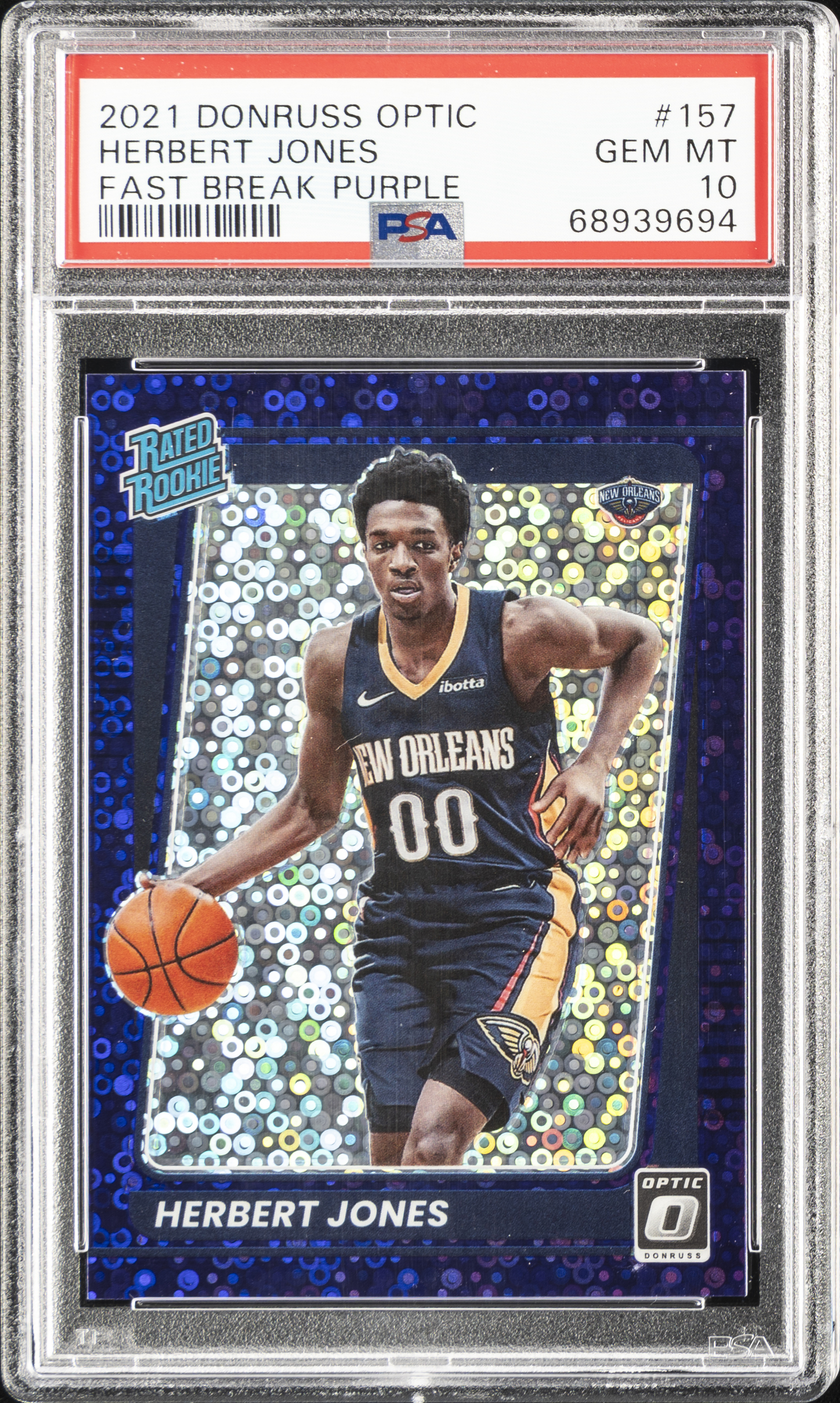 2021-22 Panini Donruss Optic Fast Break Purple #157 Herbert Jones Rookie Card (#63/95) – PSA GEM MT 10