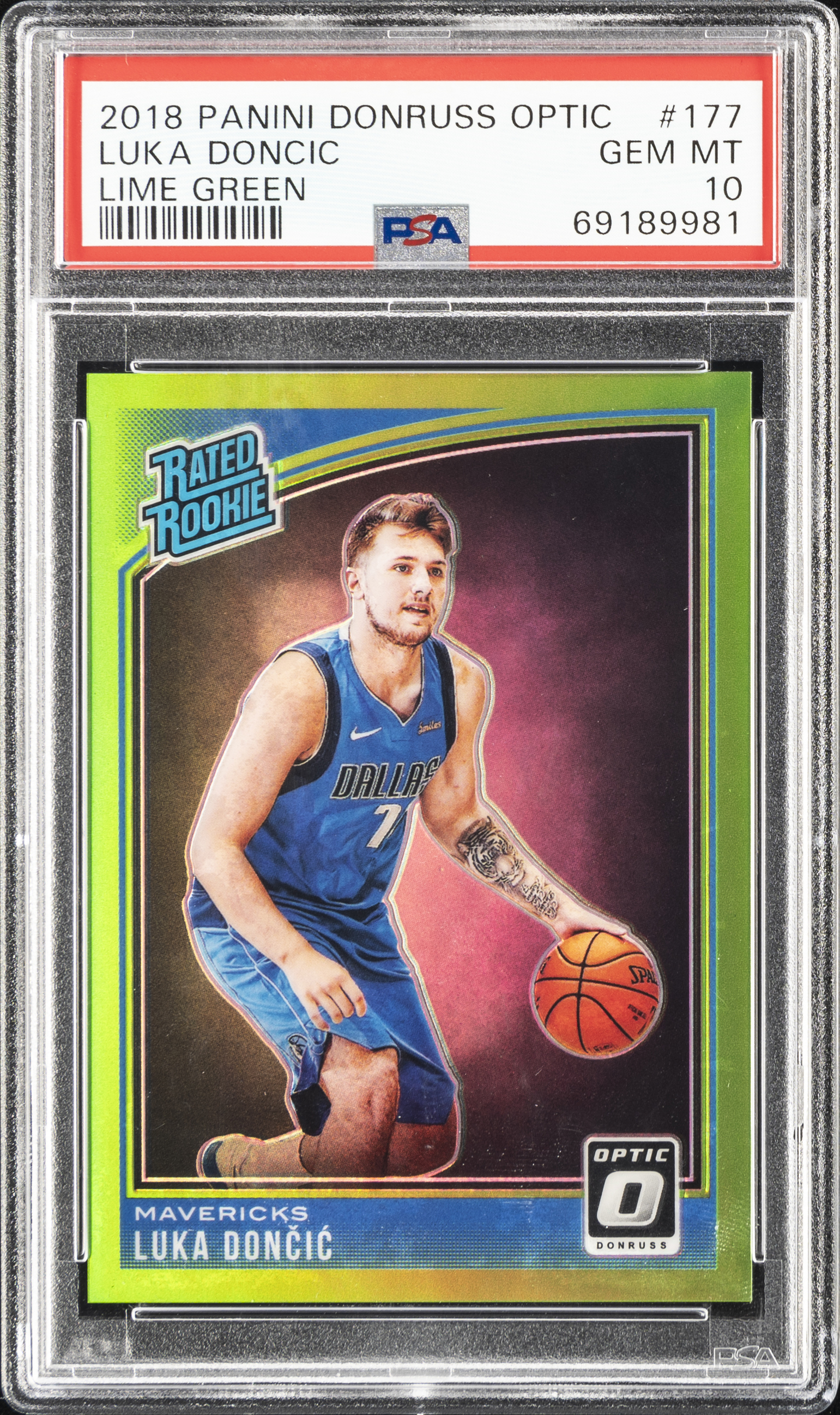 2018-19 Panini Donruss Optic Lime Green Rated Rookie #177 Luka Doncic Rookie Card (#049/149) – PSA GEM MT 10