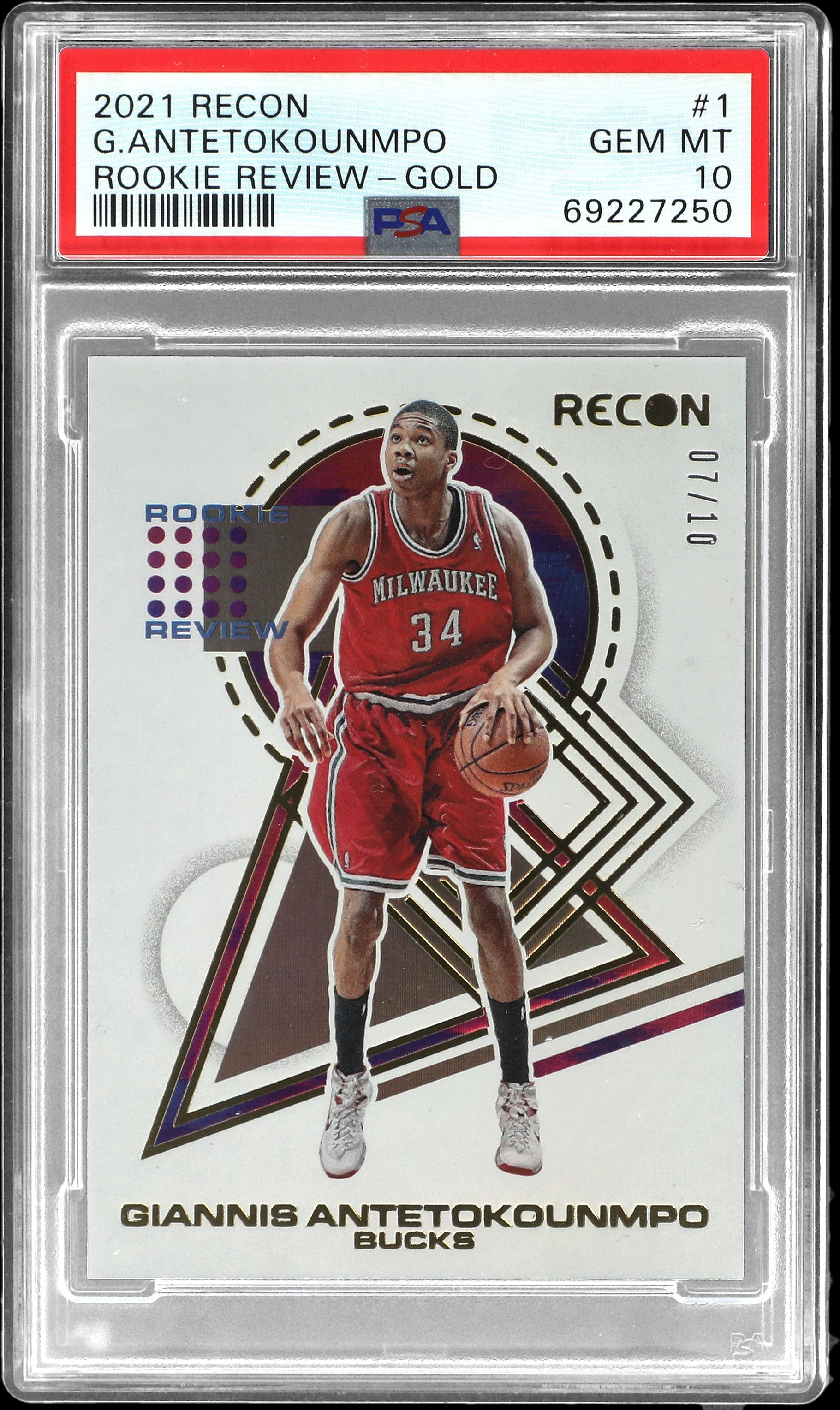 2021-22 Panini Recon Rookie Review Gold #1 Giannis Antetokounmpo (#07/10) – PSA GEM MT 10