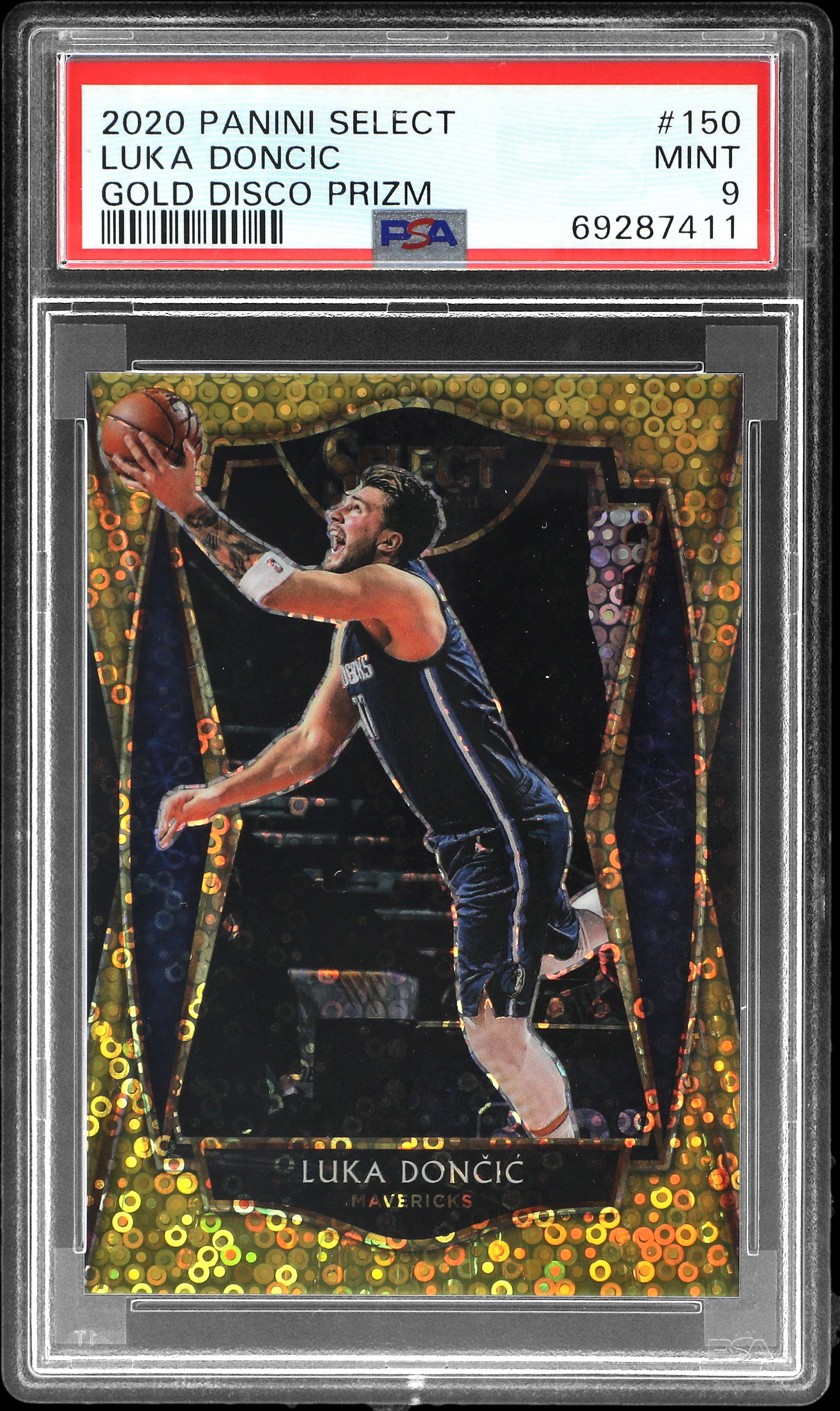 2020-21 Panini Select Gold Disco Prizm #150 Luka Doncic (#03/10) – PSA MINT 9