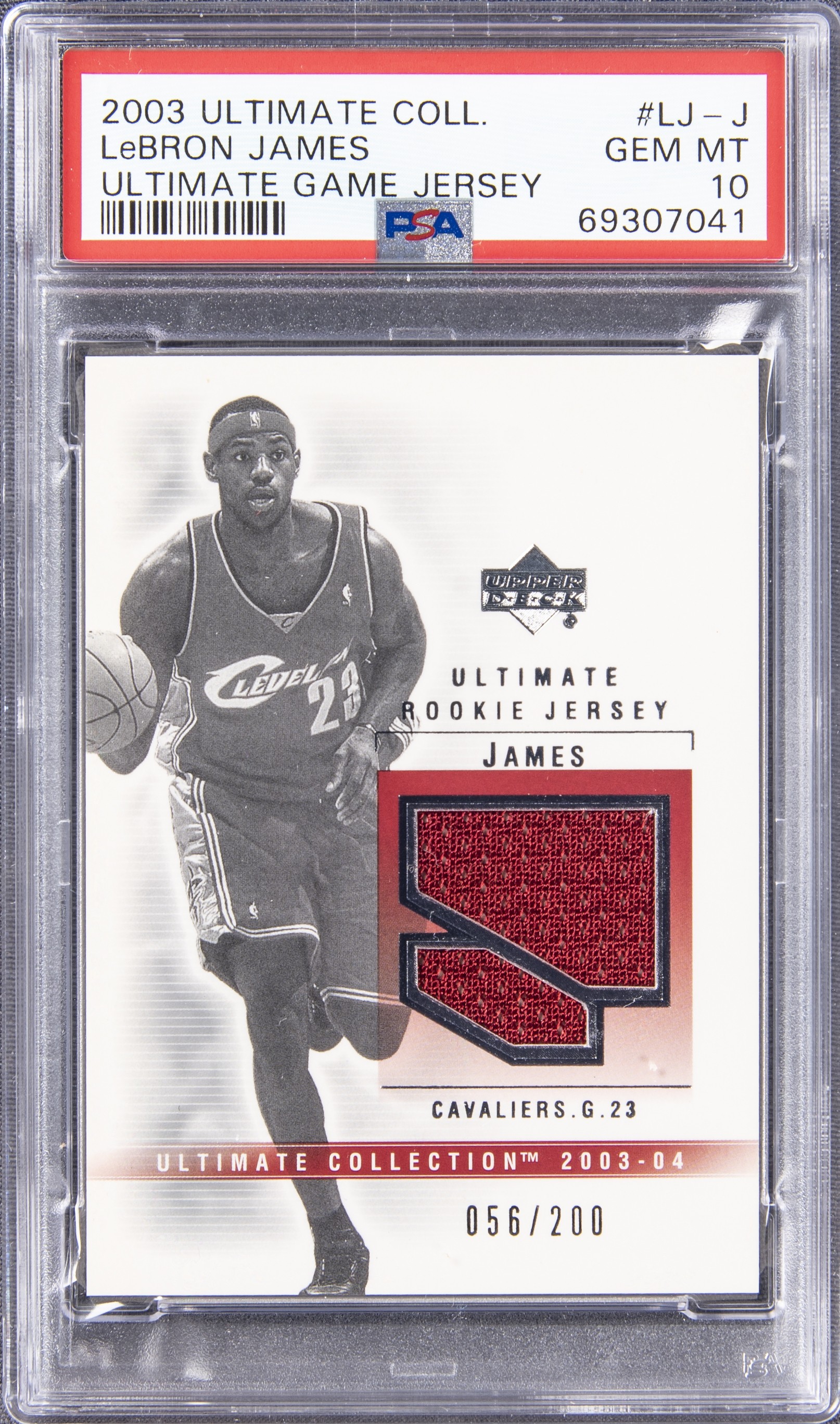 2003-04 Ultimate Collection Ultimate Game Jersey Ultimate Game Jersey #LJ-J LeBron James Relic Rookie Card (#056/200) – PSA GEM MT 10