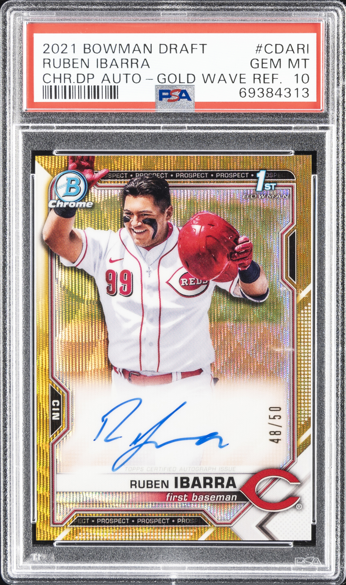 2021 Bowman Draft Chrome Draft Pick Autographs Gold Wave Refractor #CDARI Ruben Ibarra Signed Rookie Card (#48/50) – PSA GEM MT 10