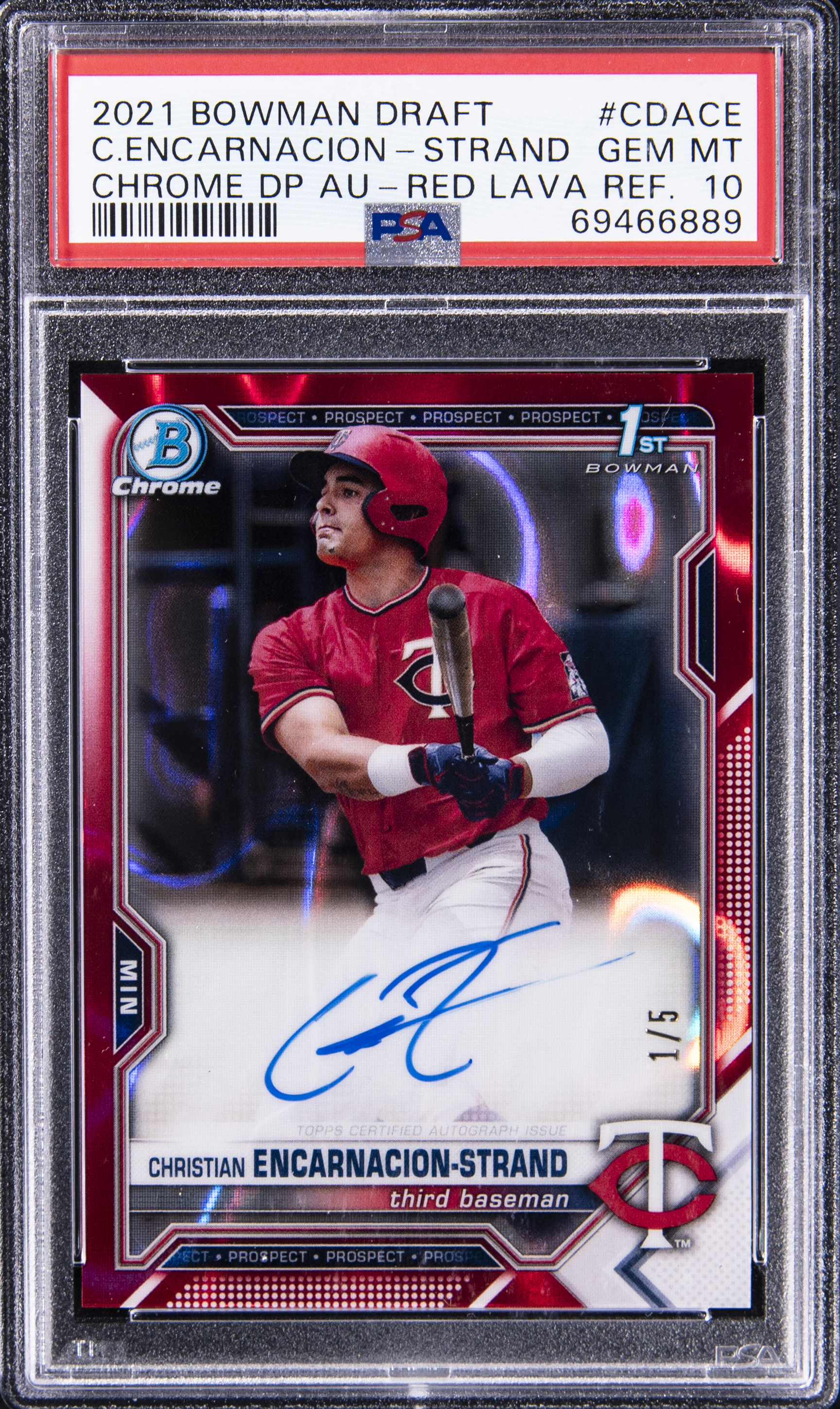 2021 Bowman Draft Chrome Draft Pick Autographs Red Lava Refractor #CDA-CE Christian Encarnacion-Strand Signed Rookie Card (#1/5) – PSA GEM MT 10