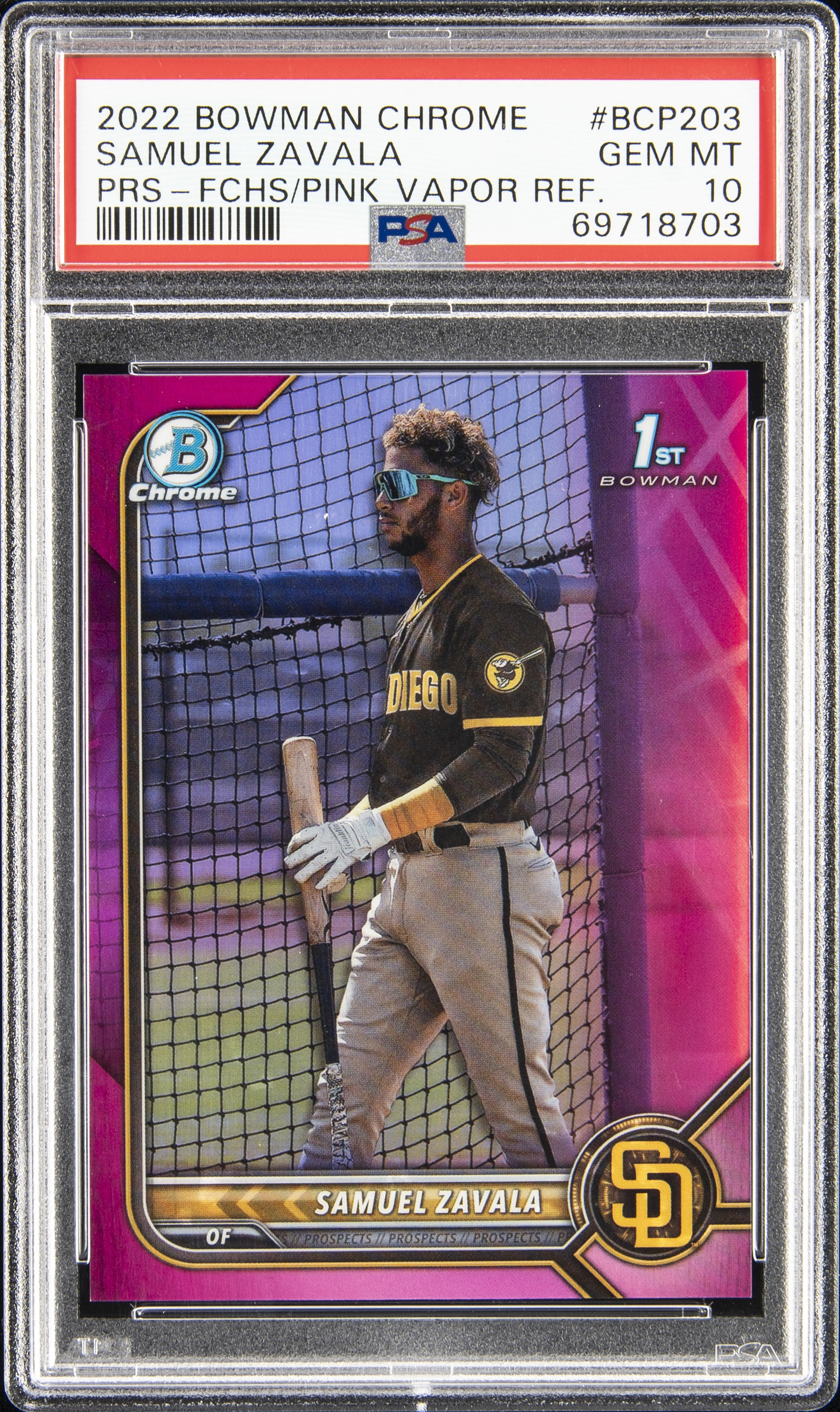 2022 Bowman Chrome Prospects Fuchsia/Pink Vapor Refractor #BCP203 Samuel Zavala Rookie Card (#101/199) – PSA GEM MT 10