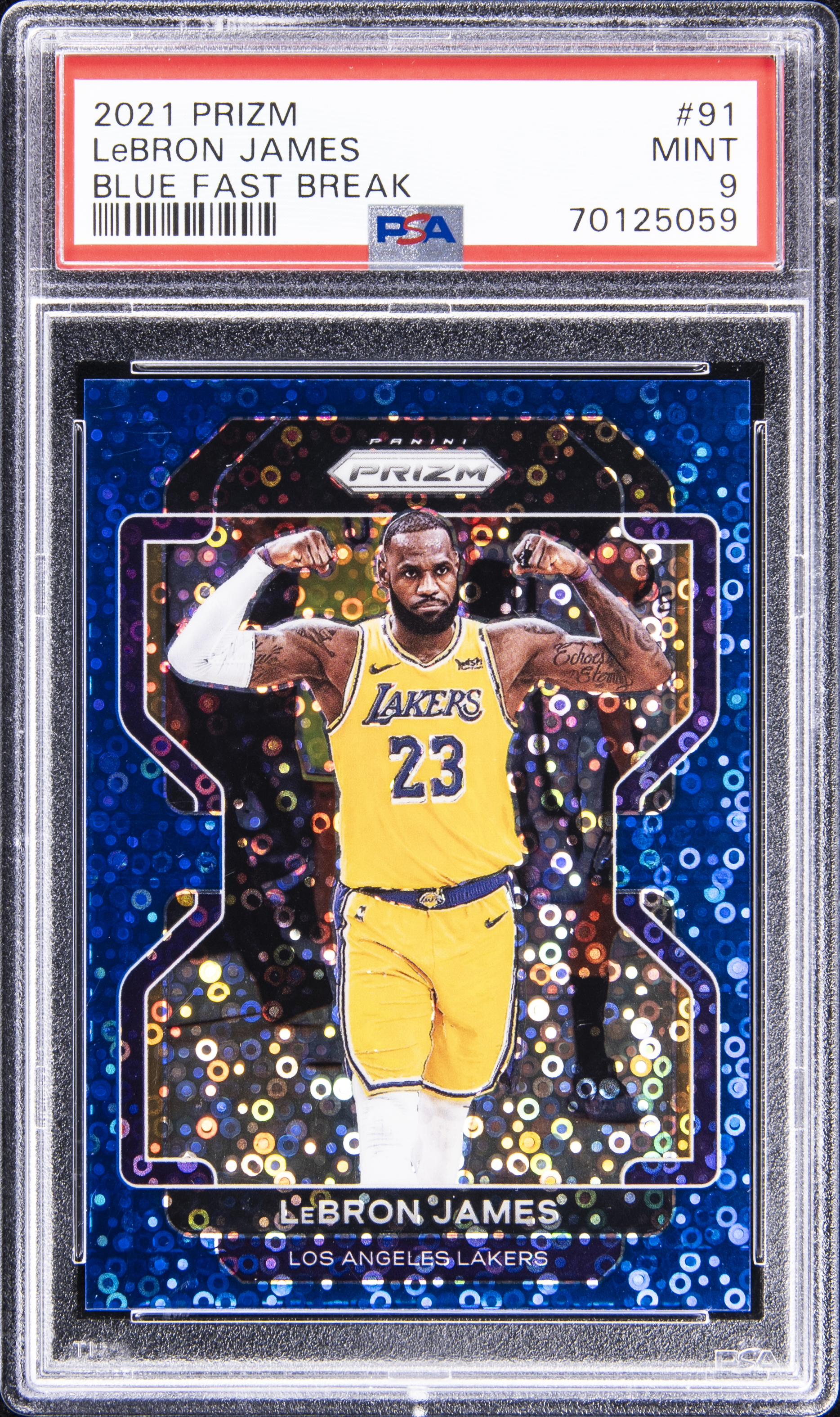 2021-22 Panini Prizm Blue Fast Break #91 LeBron James (#037/150) – PSA MINT 9