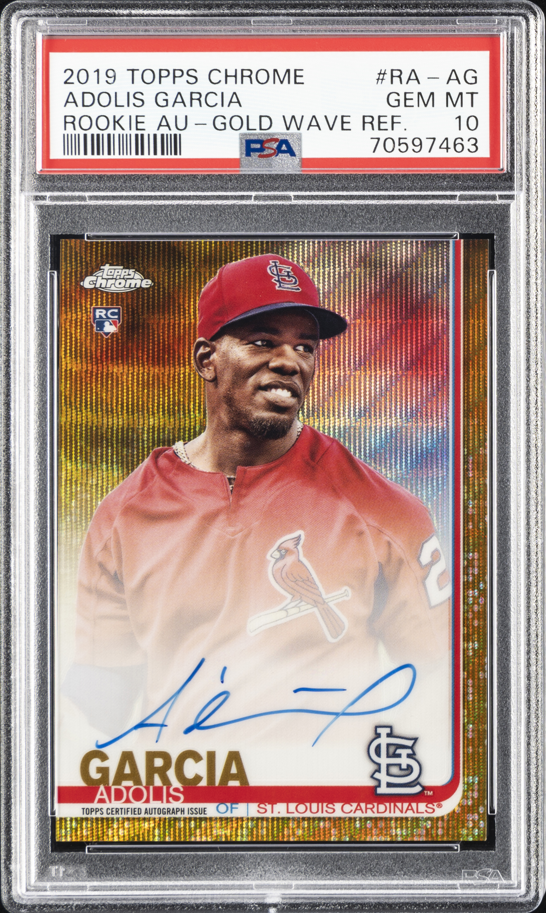 2019 Topps Chrome Rookie Autographs Gold Wave Refractor #RA-AG Adolis Garcia Signed Rookie Card (#28/50) – PSA GEM MT 10