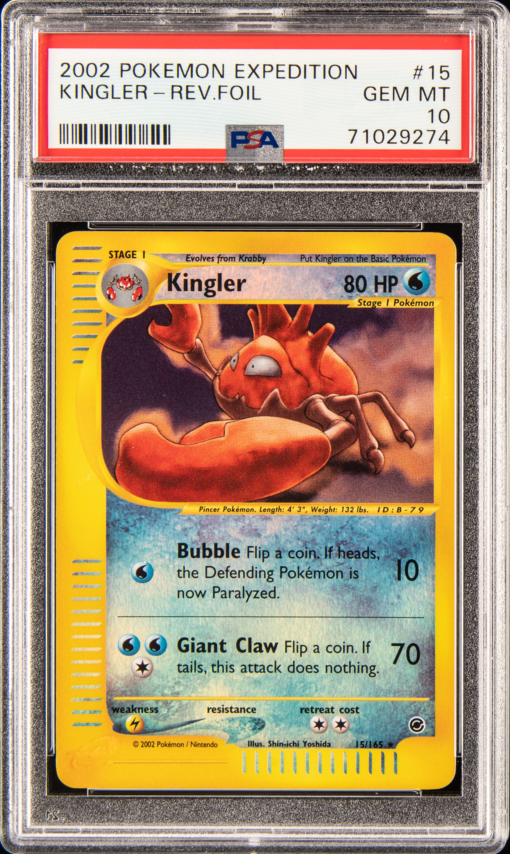 2002 Pokemon Expedition Reverse Foil #15 Kingler – PSA GEM MT 10