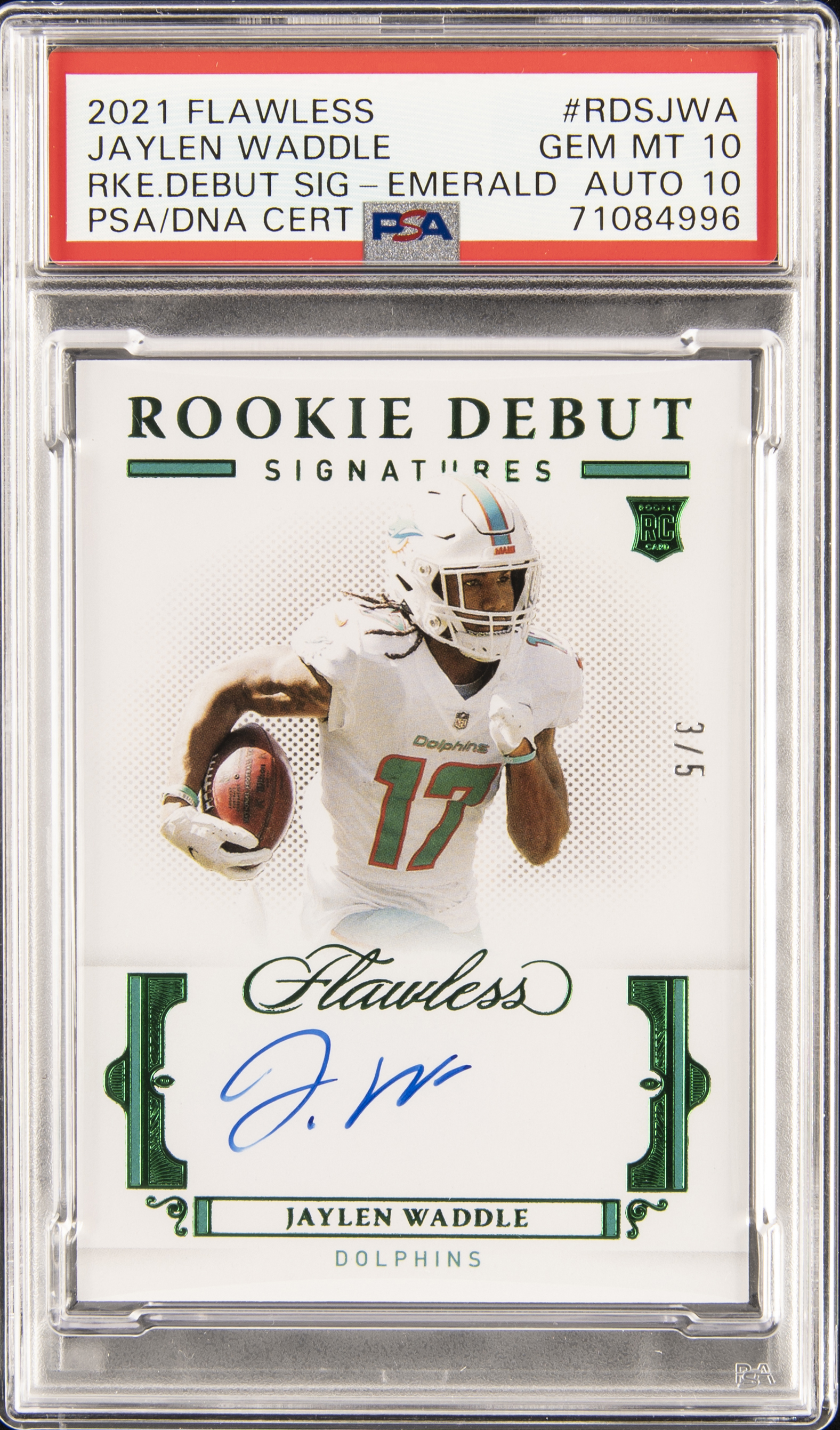 2021 Panini Flawless Rookie Debut Signatures Emerald #RDS-JWA Jaylen Waddle Signed Rookie Card (#3/5) - PSA GEM MT 10, PSA/DNA GEM MT 10 - Pop 1