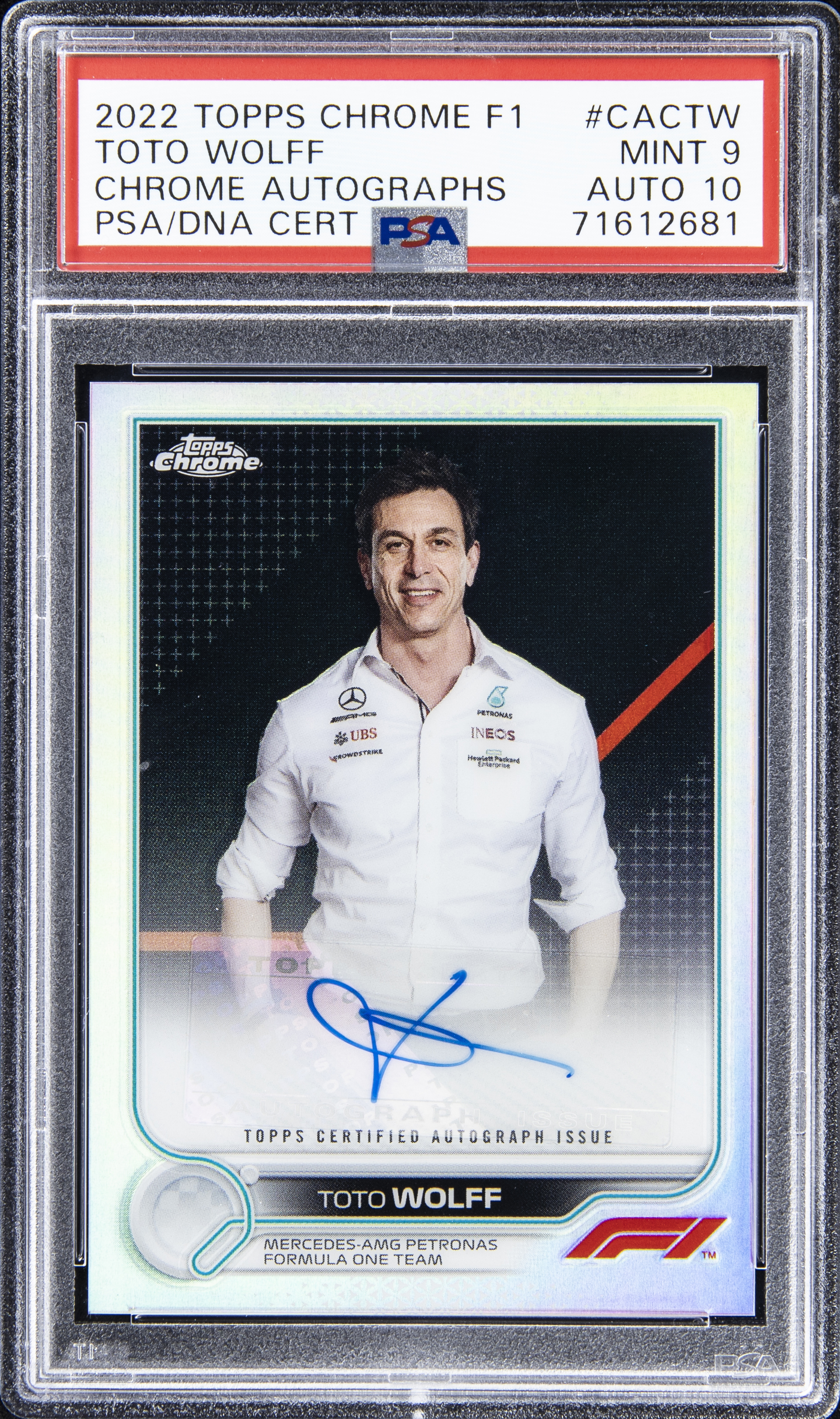 2022 Topps Chrome F1 Chrome Autograph #CAC-TW Toto Wolff Signed Card – PSA MINT 9, PSA/DNA GEM MT 10