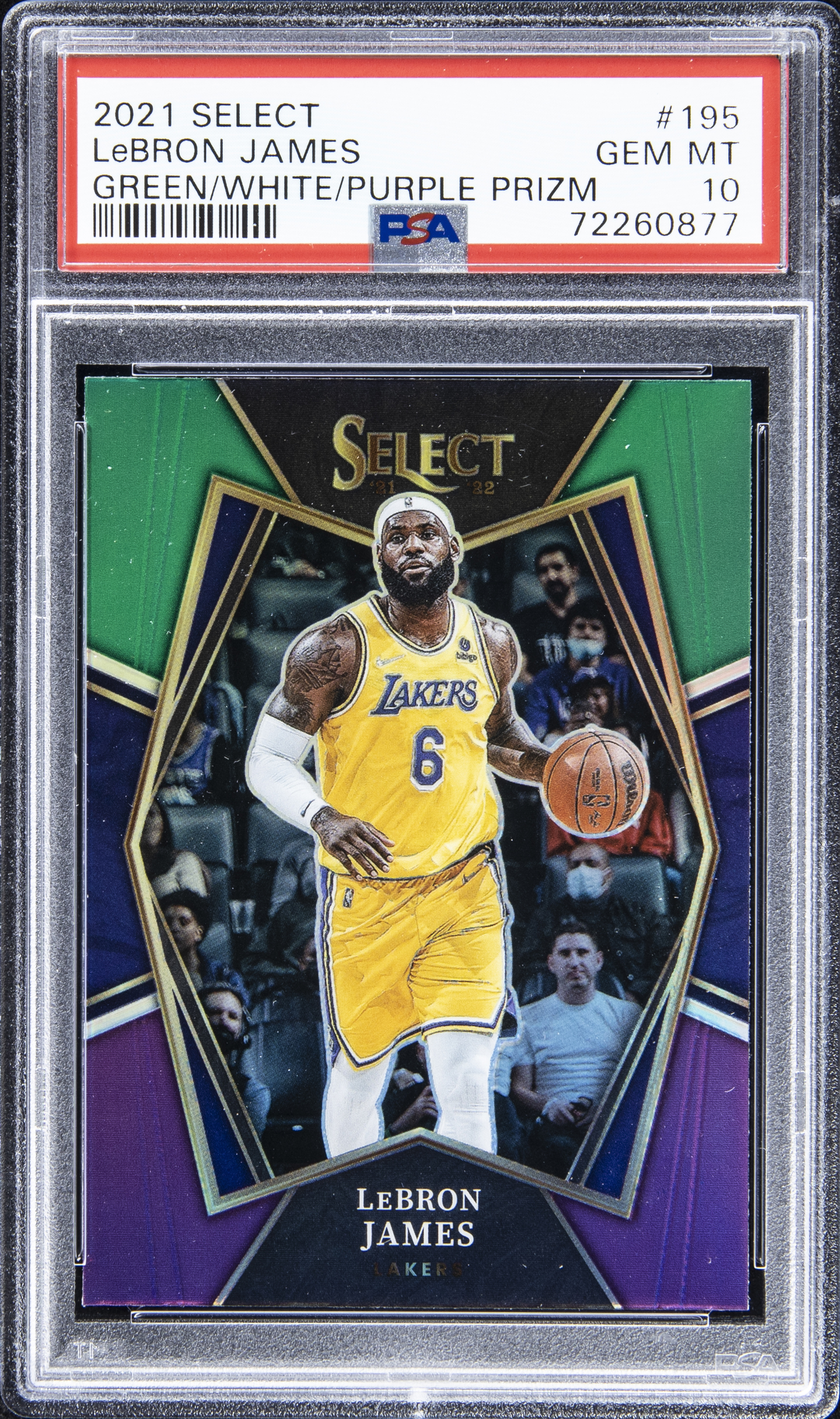 2021-22 Panini Select Green/White/Purple Prizm #195 LeBron James – PSA GEM MT 10