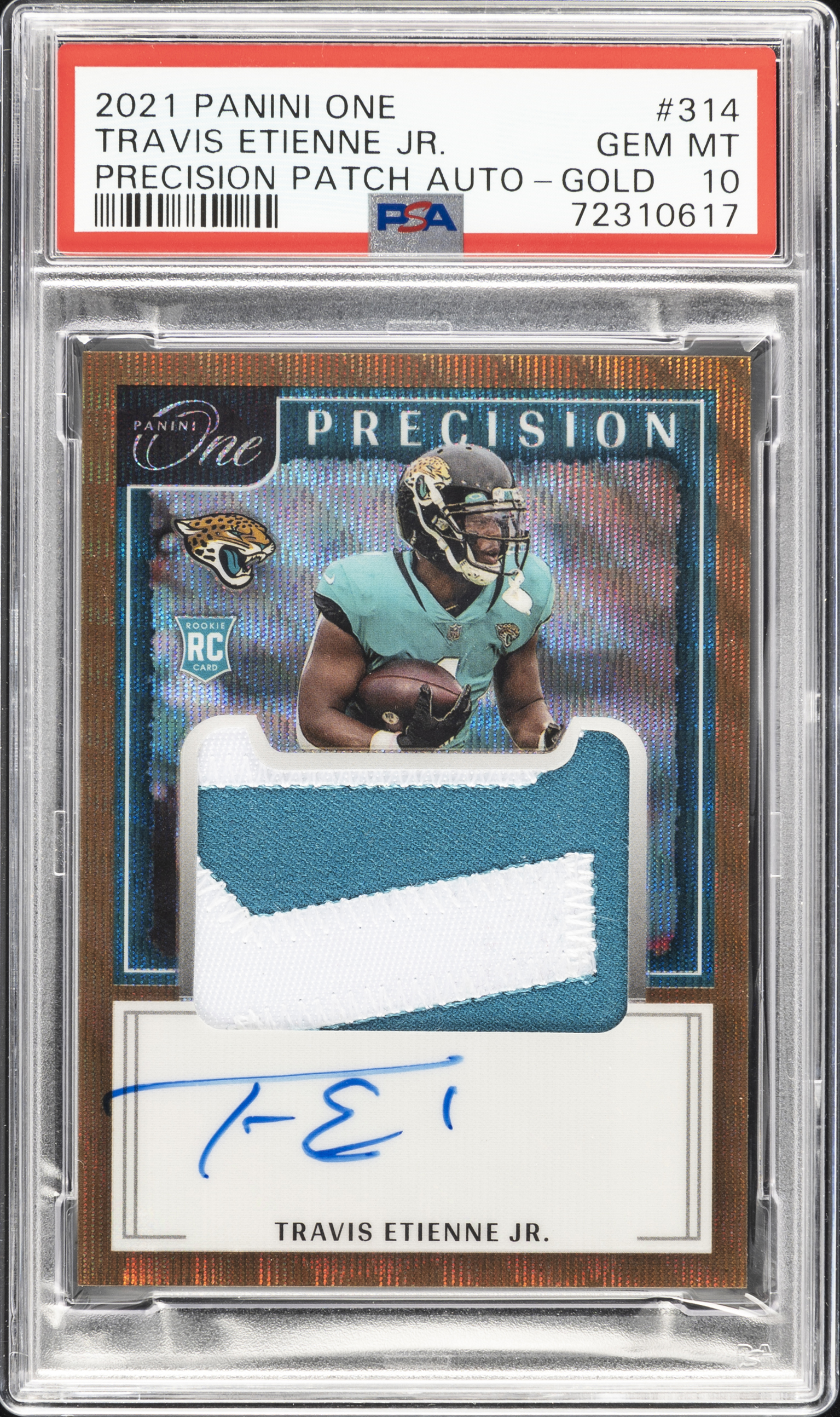 2021 Panini One Precision Patch Autograph-Gold #314 Travis Etienne Jr. Signed Patch Rookie Card (#02/15) – PSA GEM MT 10