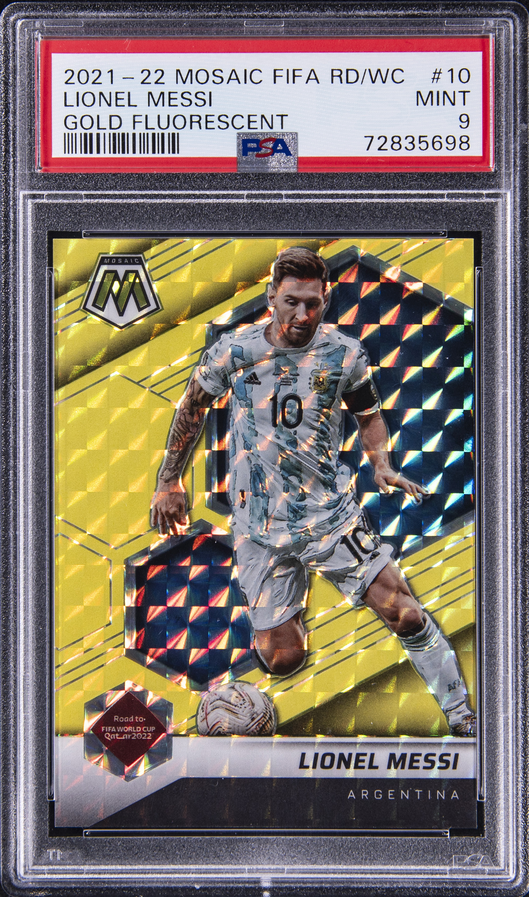 2021-22 Panini Mosaic FIFA Road To World Cup Gold Fluorescent #10 Lionel Messi (#07/10) - PSA MINT 9
