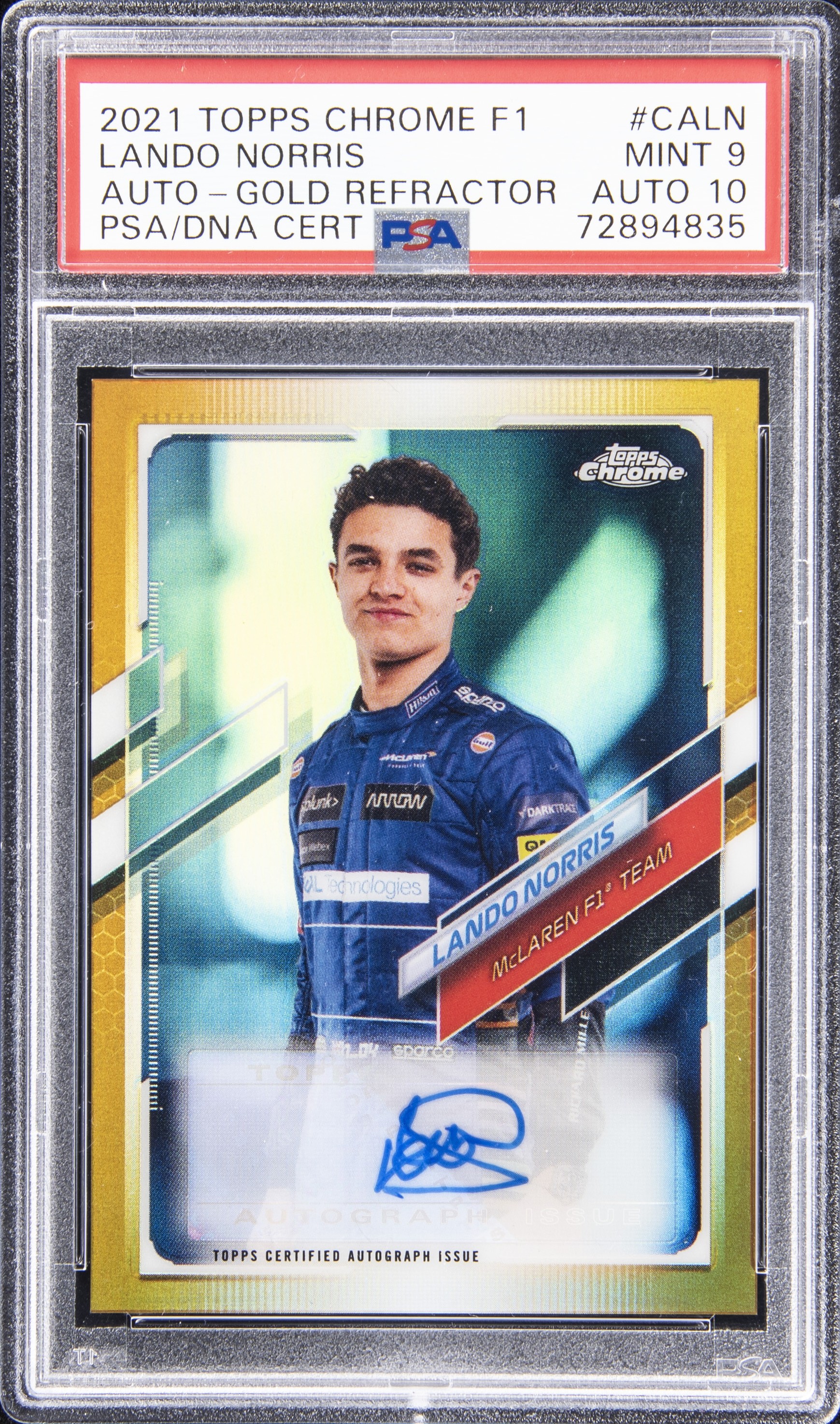 2021 Topps Chrome Formula 1 Autographs Gold Refractor #CA-LN Lando Norris Signed Card (#39/50) – PSA MINT 9, PSA/DNA GEM MT 10