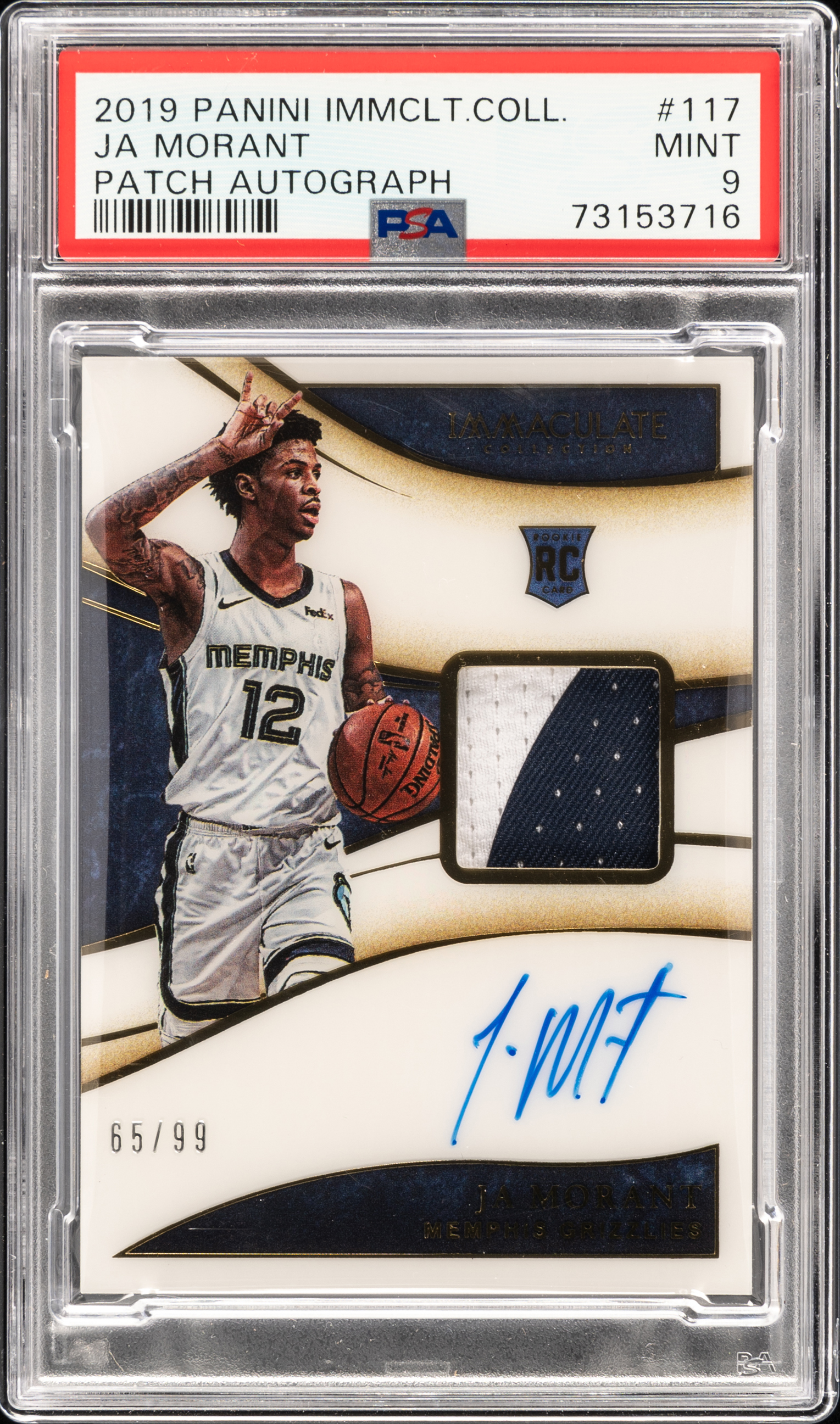 2019-20 Panini Immaculate Collection Rookie Patch Autograph (RPA) #117 Ja Morant Signed Patch Rookie Card (#65/99) - PSA MINT 9