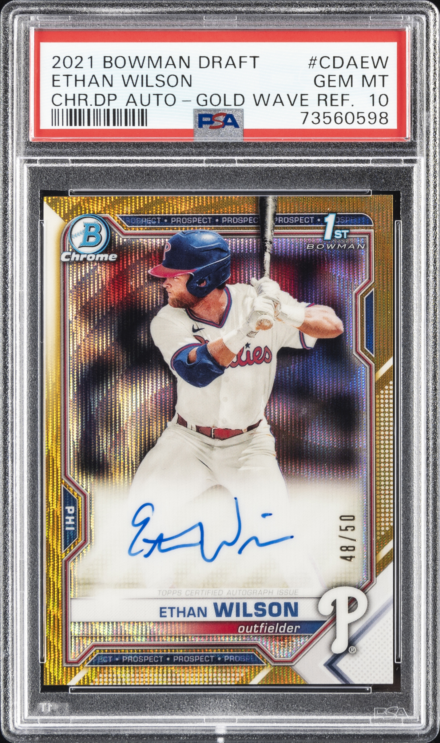 2021 Bowman Draft Chrome Draft Pick Autographs Gold Wave Refractor #CDAEW Ethan Wilson Signed Rookie Card (#48/50) – PSA GEM MT 10
