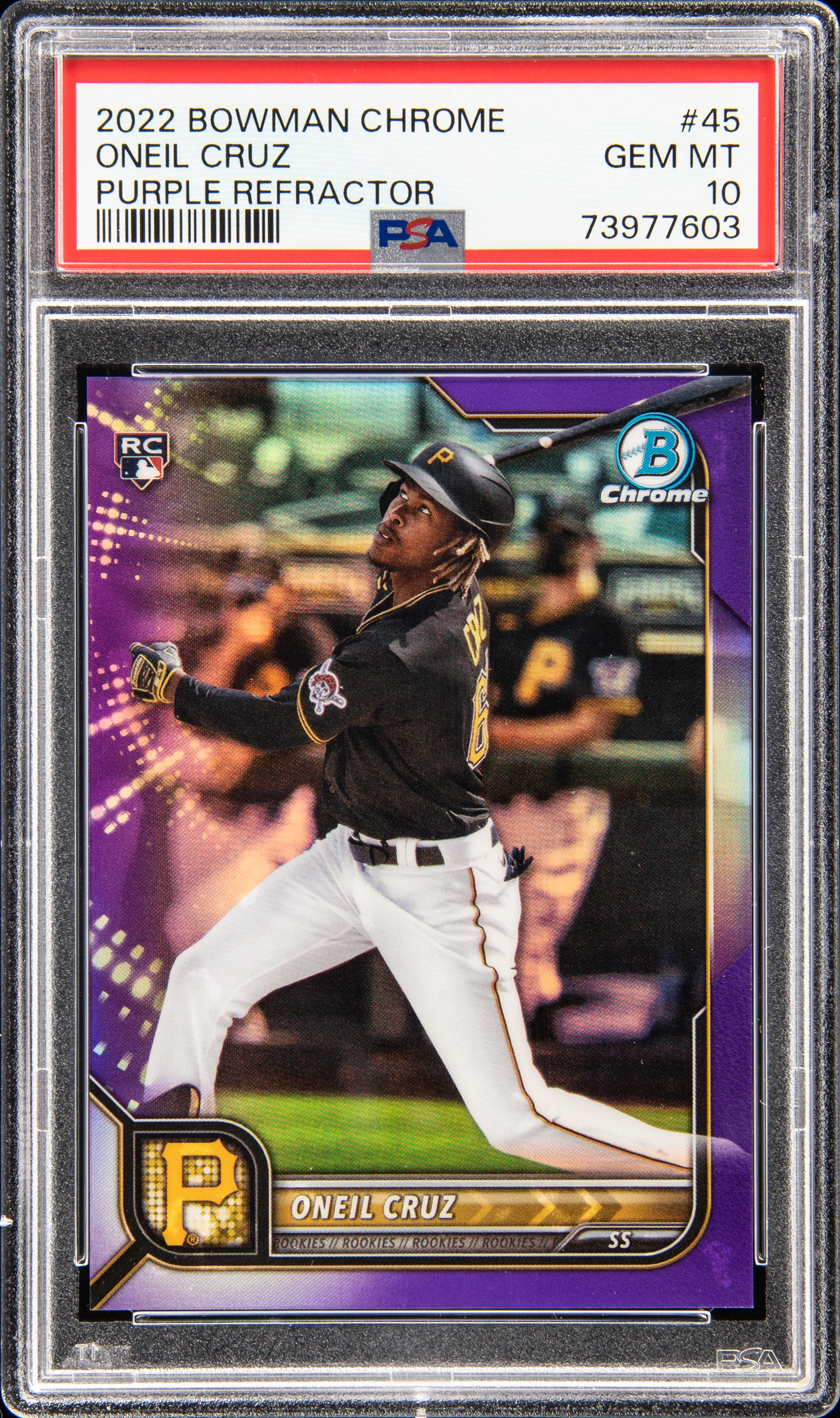 2022 Bowman Chrome Purple Refractor #45 Oneil Cruz Rookie Card (#206/250) – PSA GEM MT 10