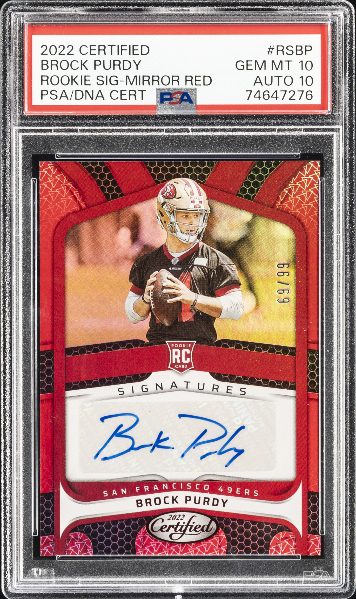 2022 Panini Certified Rookie Signatures Mirror Red #RSBP Brock Purdy Signed Rookie Card (#69/99) – PSA GEM MT 10