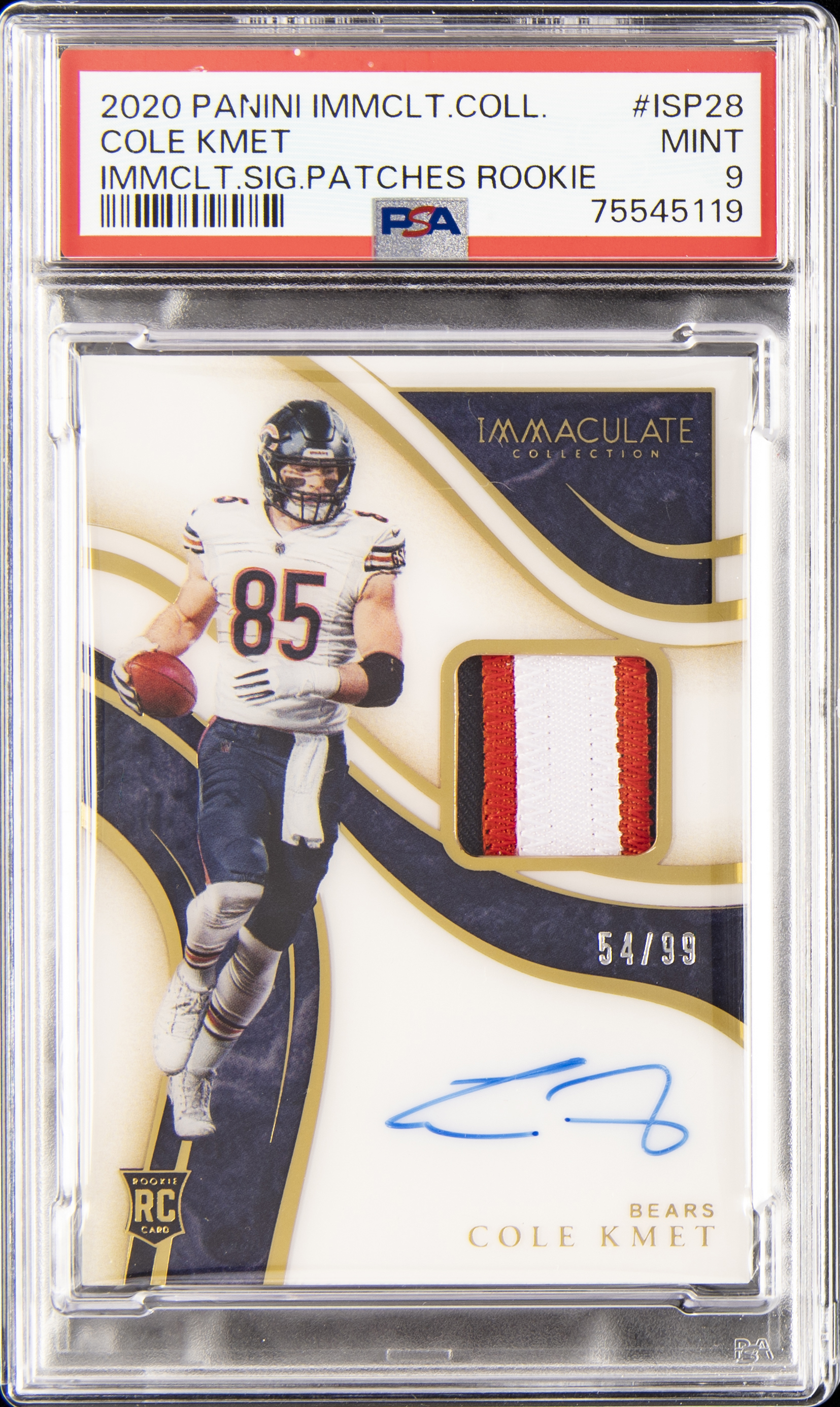 2020 Panini Immaculate Collection Immaculate Signature Patches Rookie #ISP28 Cole Kmet Signed Rookie Patch Card (#54/99) – PSA MINT 9