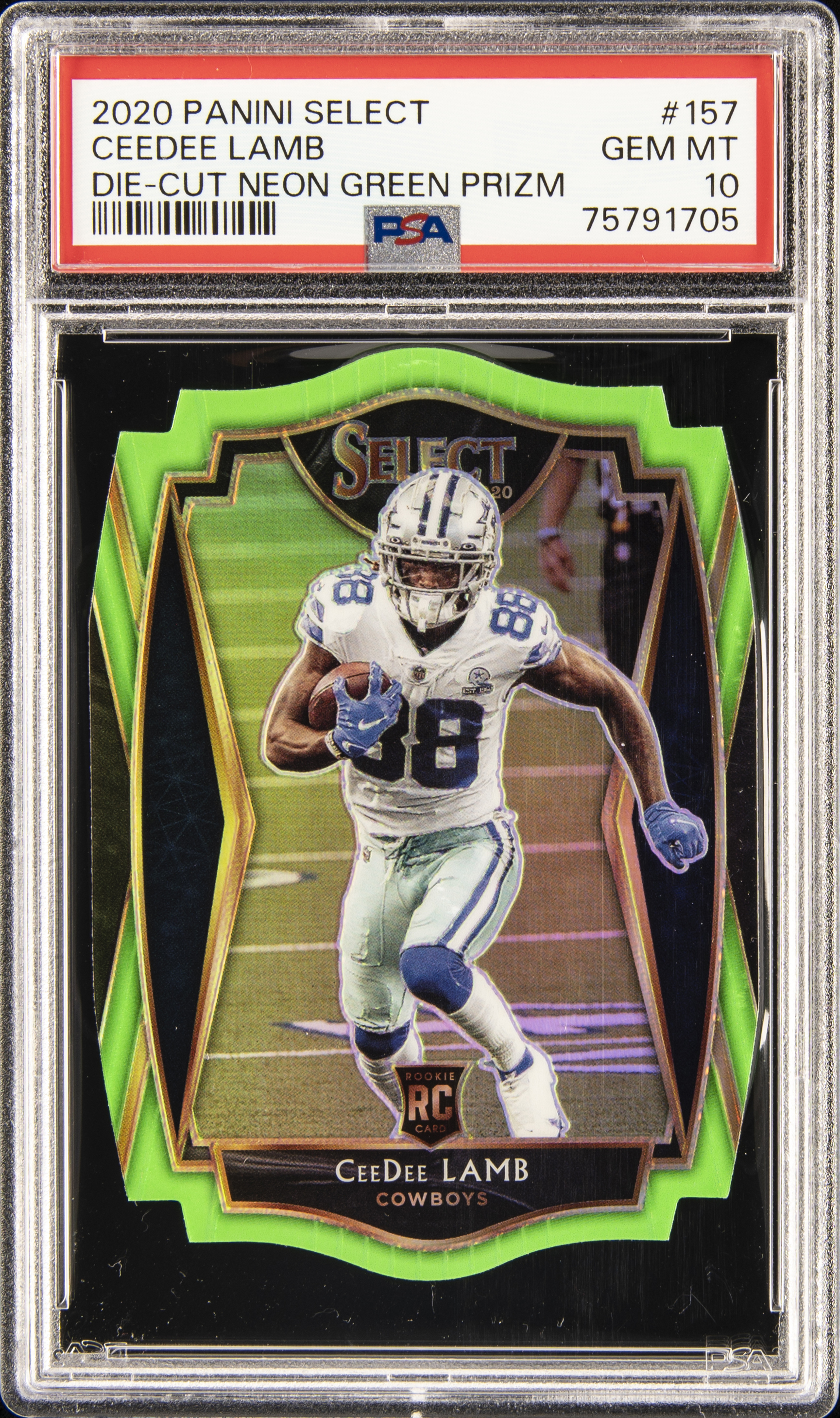 2020 Panini Select Die-Cut Neon Green Prizm #157 CeeDee Lamb Rookie Card – PSA GEM MT 10