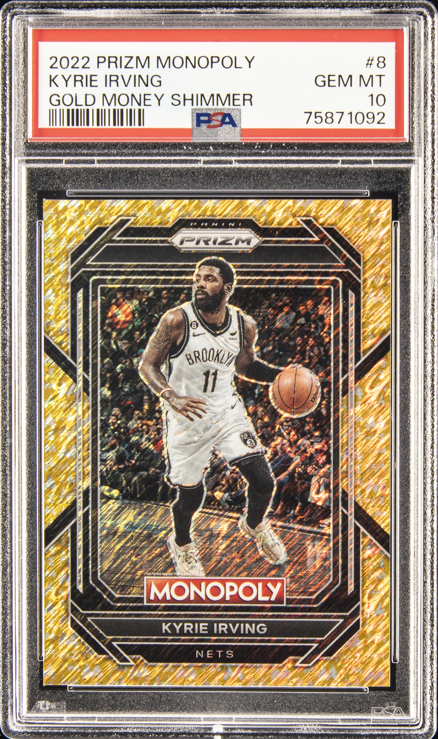 2022-23 Panini Prizm Monopoly Gold Money Shimmer #8 Kyrie Irving (#387/500) – PSA GEM MT 10