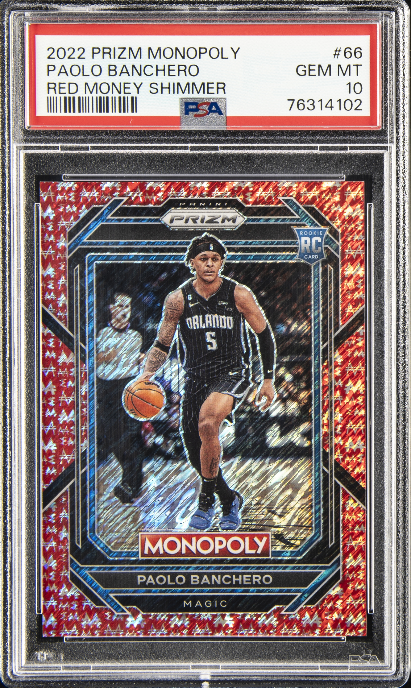 2022-23 Panini Prizm Monopoly Red Money Shimmer #66 Paolo Banchero Rookie Card (#020/100) – PSA GEM MT 10