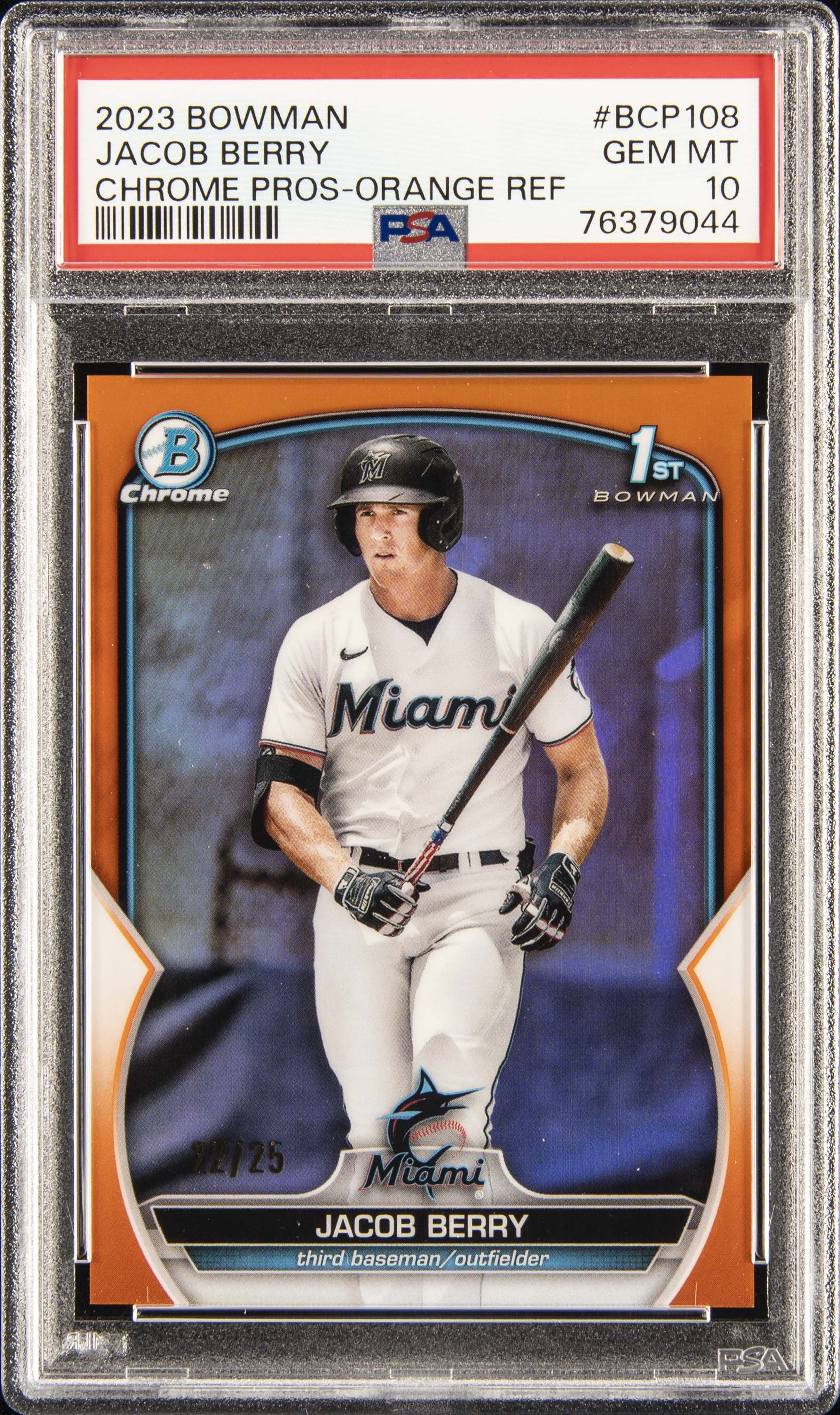 2023 Bowman Chrome Prospects Orange Refractor #BCP-108 Jacob Berry Rookie Card (#22/25) – PSA GEM MT 10