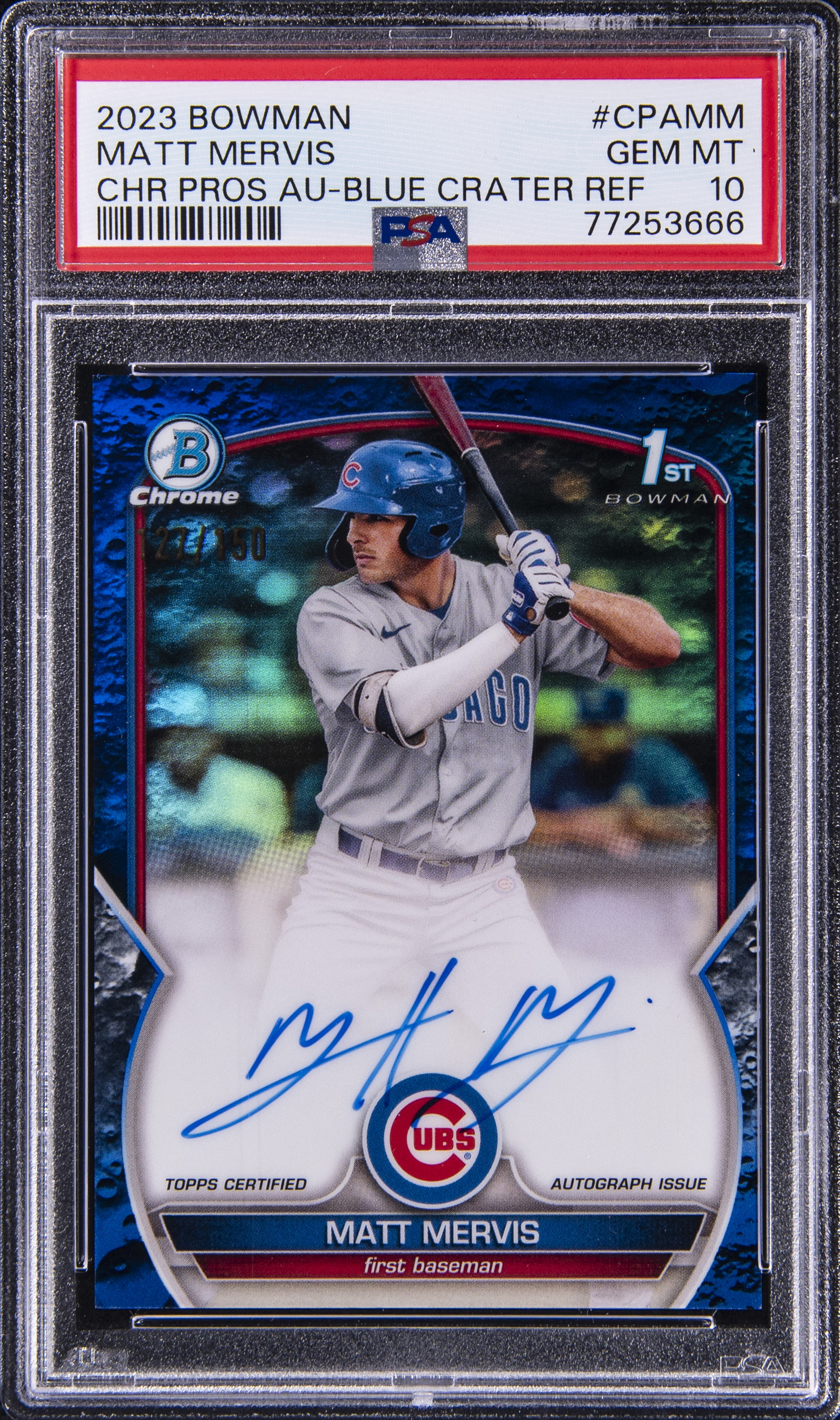 2023 Bowman Chrome Prospect Autographs Blue Lunar Crater #CPA-MM Matt Mervis Signed Rookie Card (#127/150)– PSA GEM MT 10