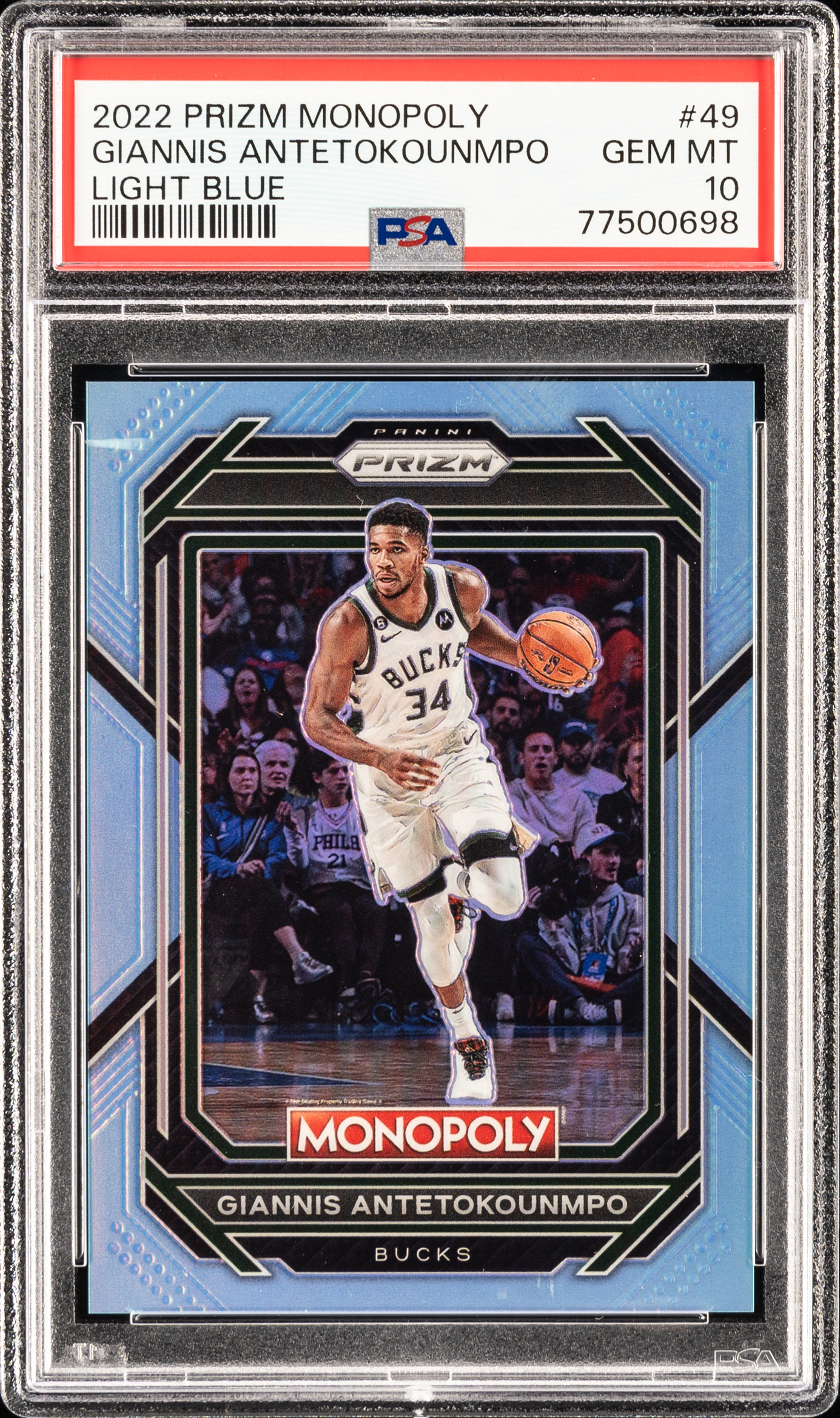 2022-23 Panini Prizm Monopoly Light Blue #49 Giannis Antetokounmpo (#012/199) - PSA GEM MT 10