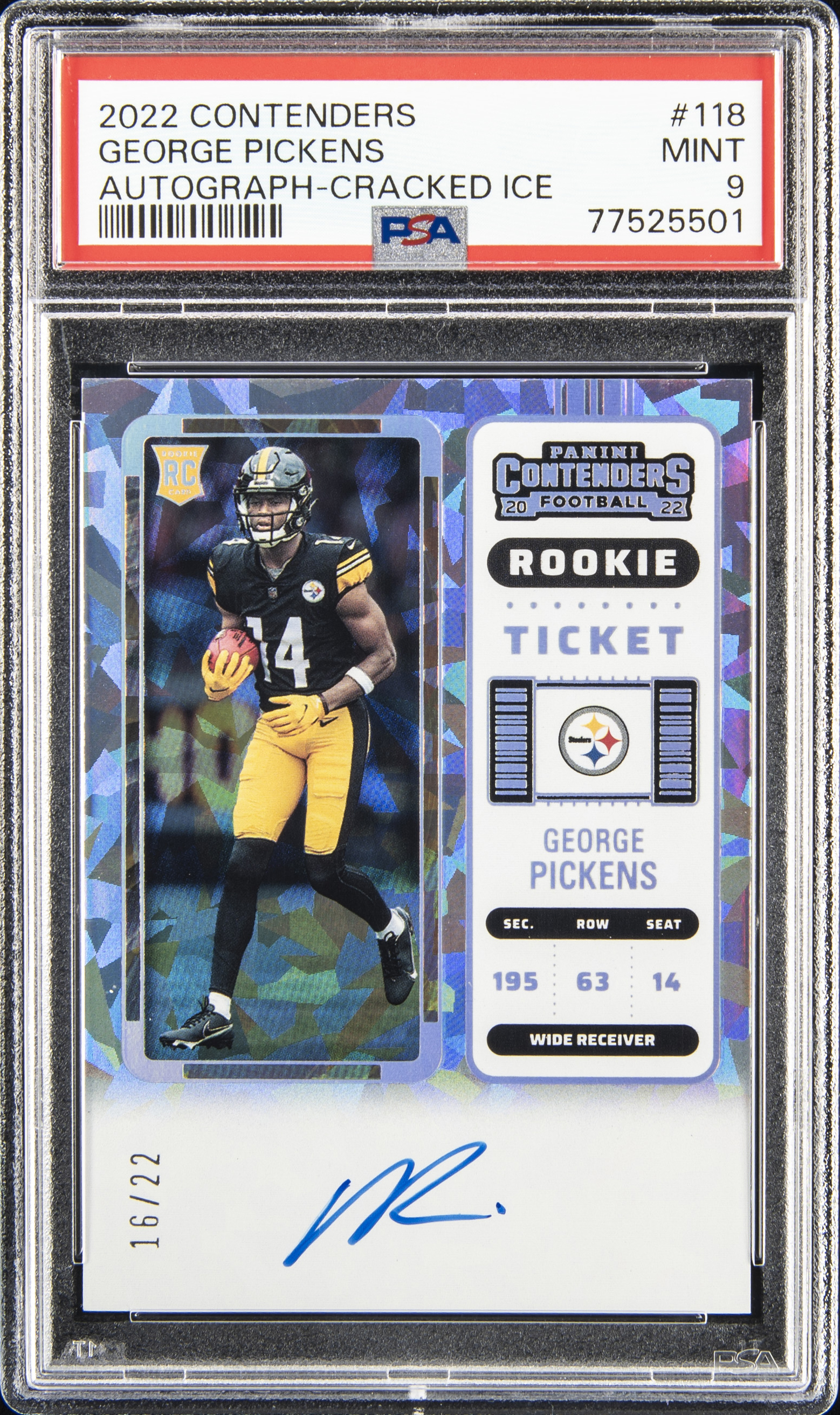 2022 Panini Contenders Autograph-Cracked Ice Rookie Ticket #118 George Pickens Signed Rookie Card (#16/22) – PSA MINT 9