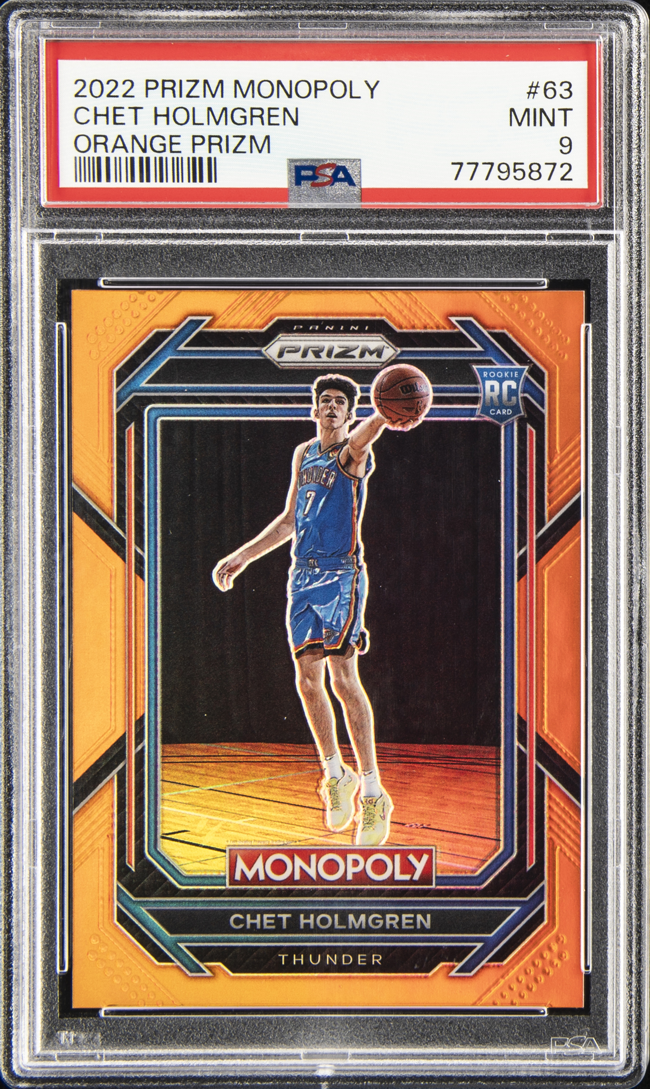 2022-23 Panini Prizm Monopoly Orange Prizm #63 Chet Holmgren Rookie Card (#070/124) – PSA MINT 9