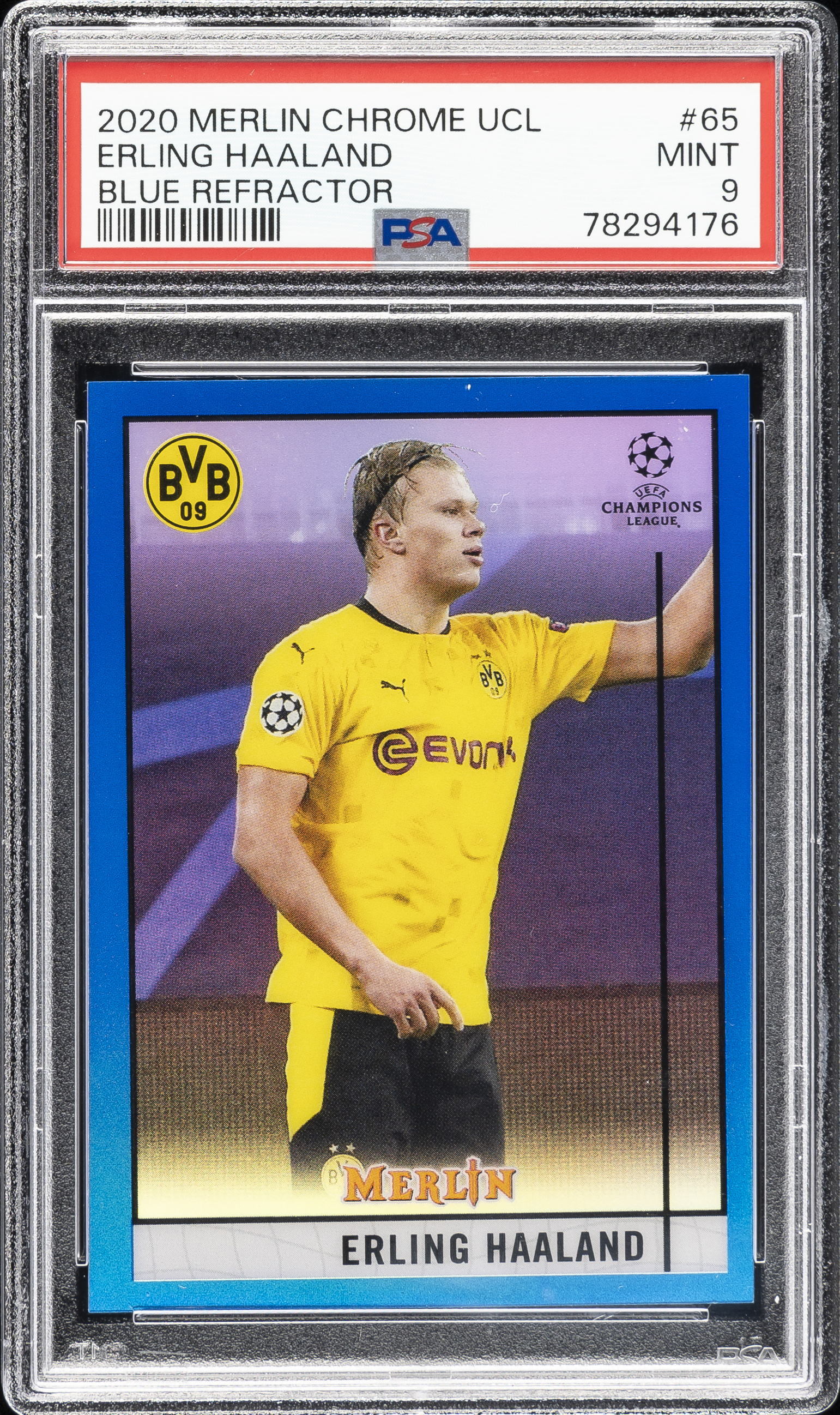 2020-21 Topps Merlin Chrome UEFA Champions League Blue Refractor #65 Erling Haaland (#58/75) – PSA MINT 9