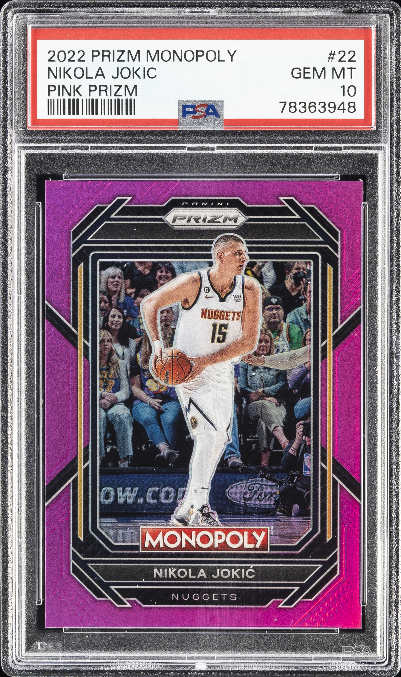 2022-23 Panini Prizm Monopoly Pink Prizm #22 Nikola Jokic (#071/149) – PSA GEM MT 10