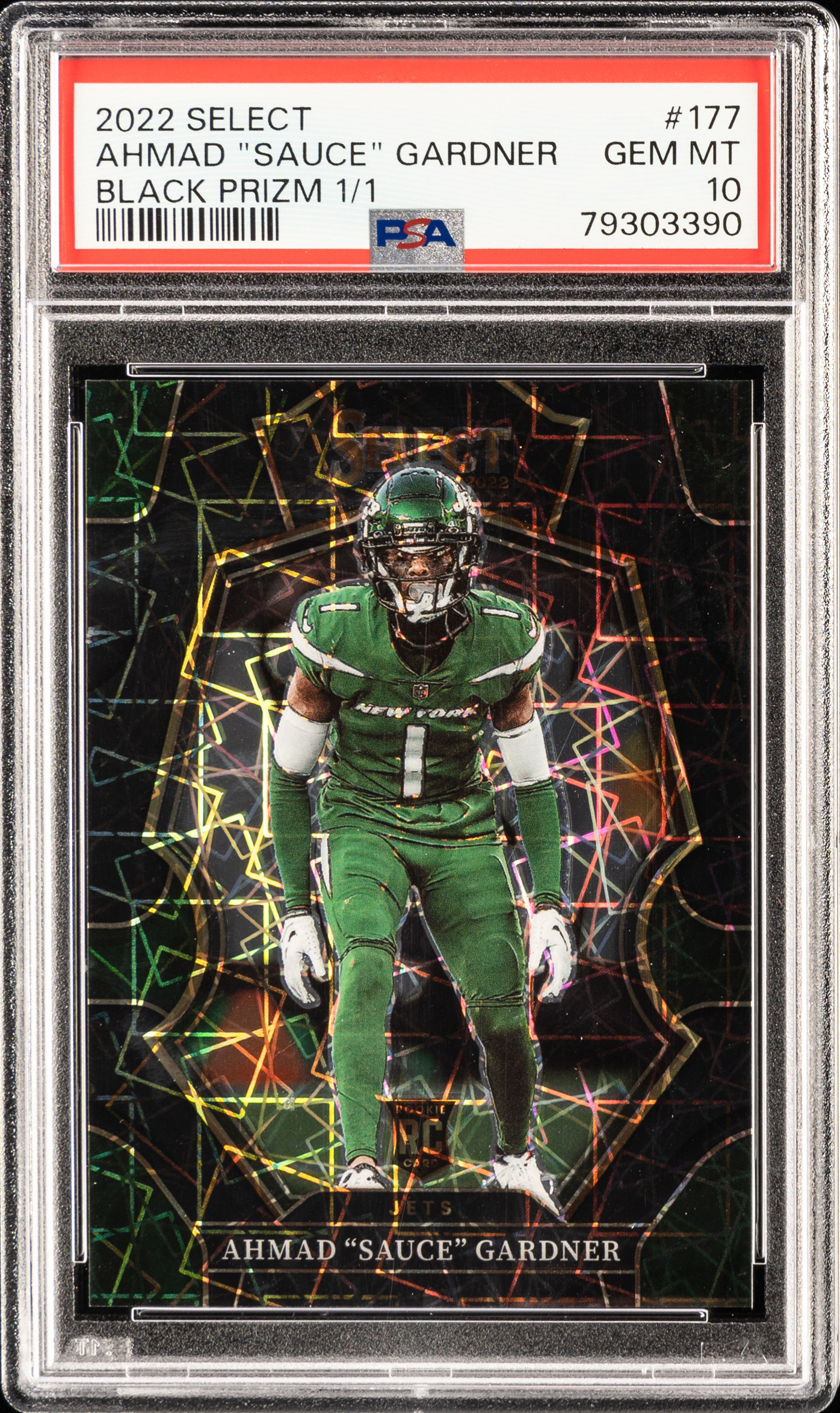 2022 Panini Select Black Prizm #177 Ahmad "Sauce" Gardner Rookie Card (#1/1) - Jersey Number - PSA GEM MT 10