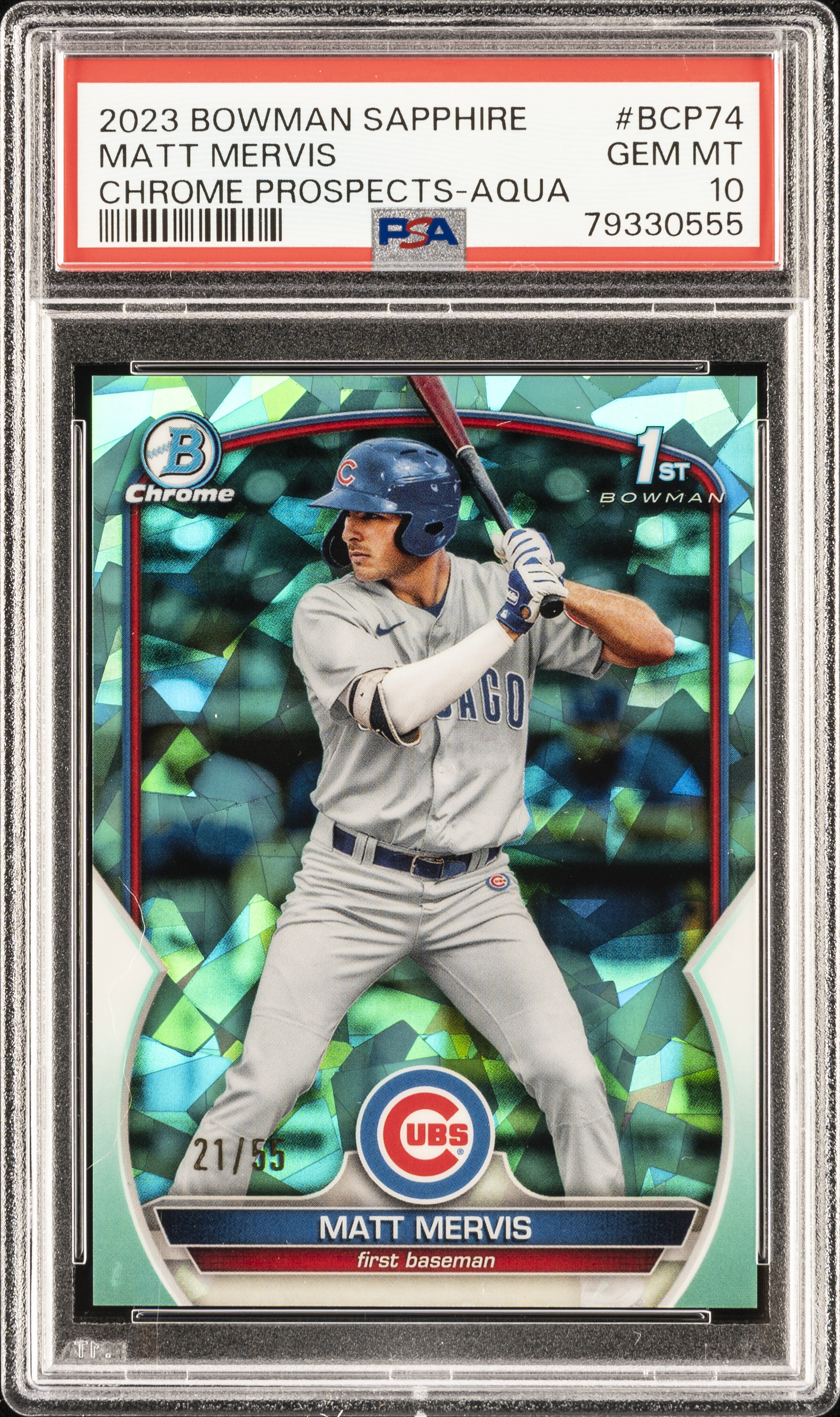 2023 Bowman Sapphire Edition Chrome Prospects Aqua Refractor #BCP-74 Matt Mervis Rookie Card (#21/55) - PSA GEM MT 10