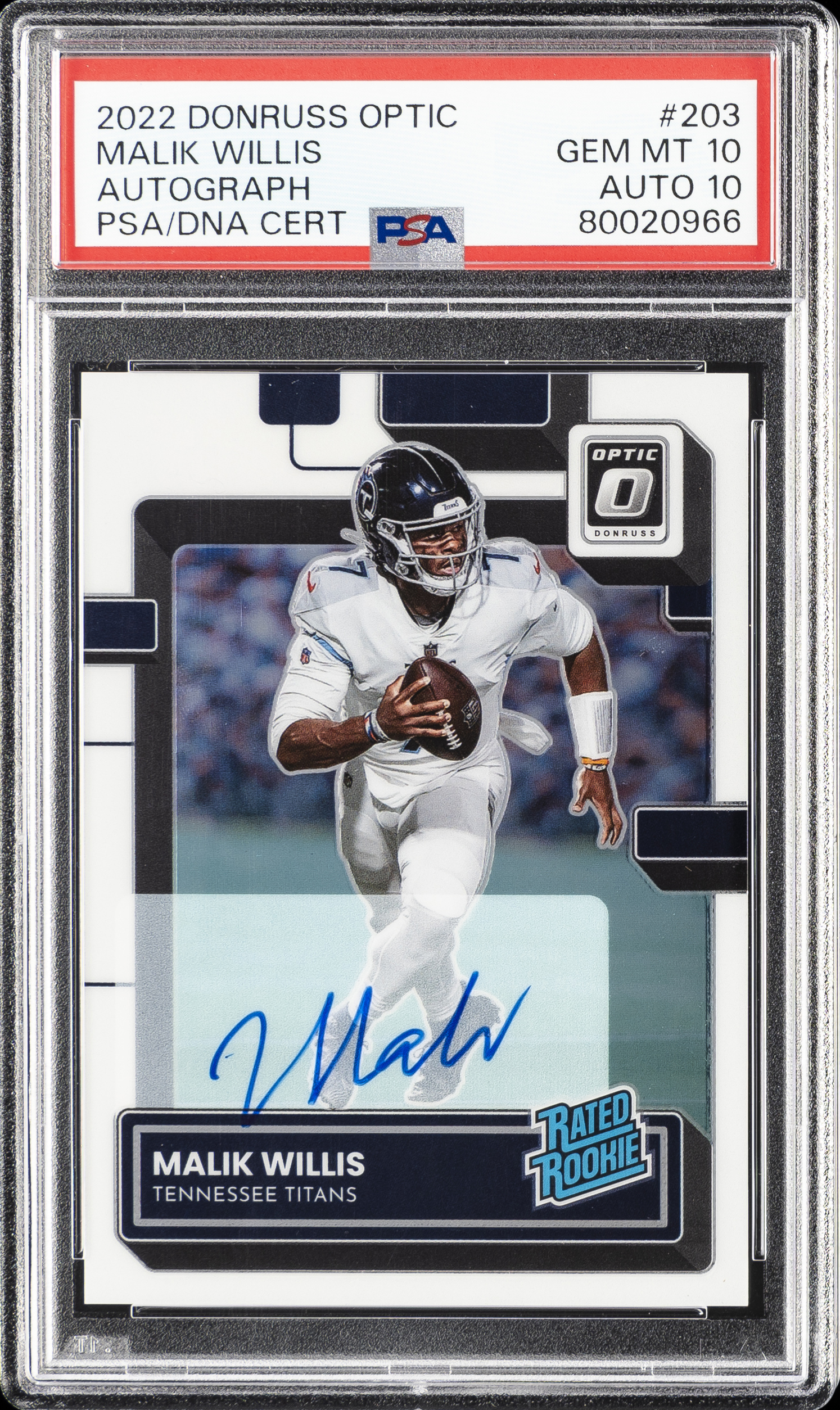 2022 Panini Donruss Optic Autograph Rated Rookie #203 Malik Willis Signed Rookie Card (#103/150) – PSA GEM MT 10, PSA/DNA GEM MT 10