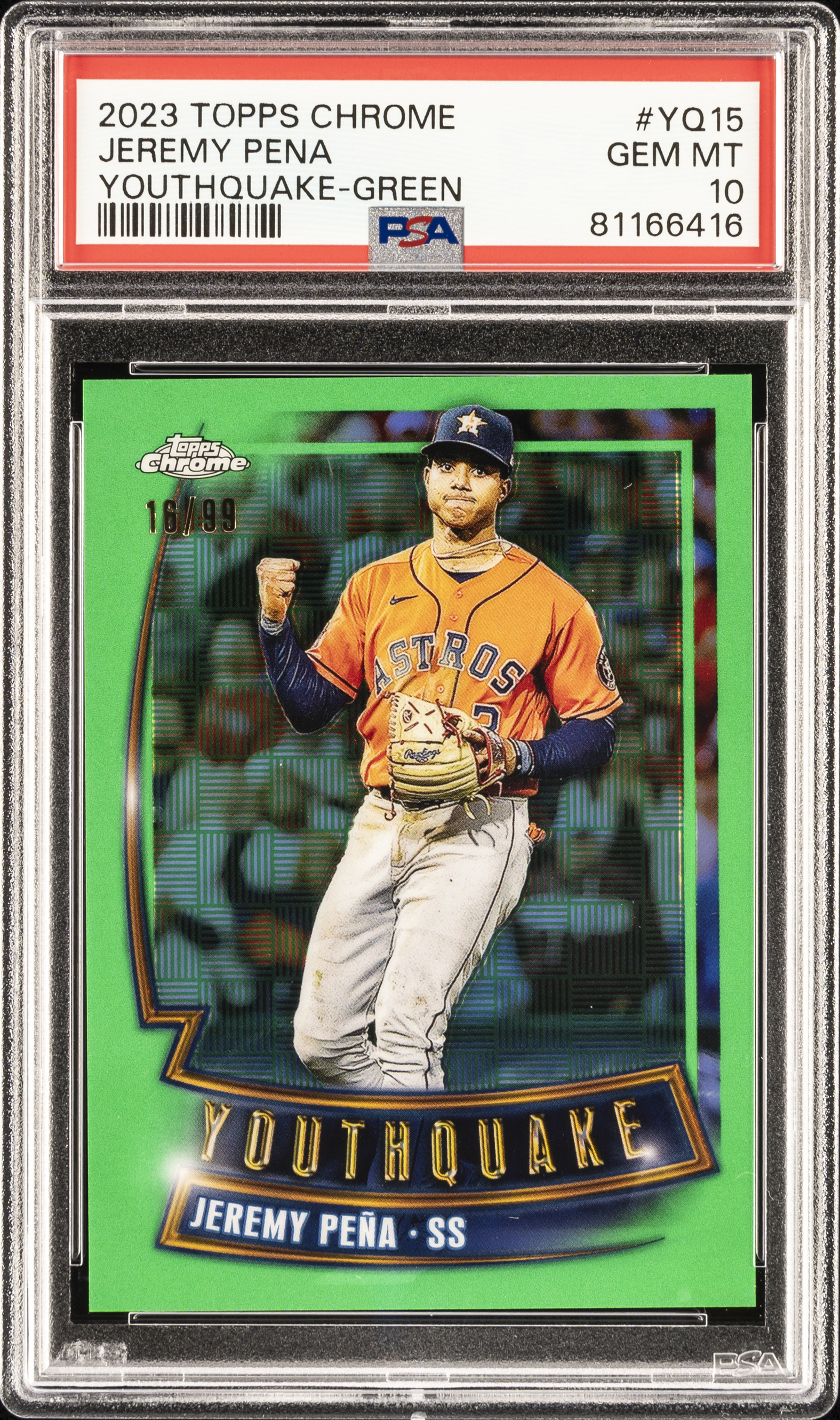 2023 Topps Chrome Youthquake Green Refractor #YQ-15 Jeremy Pena (#16/99) - PSA GEM MT 10 - Pop 2