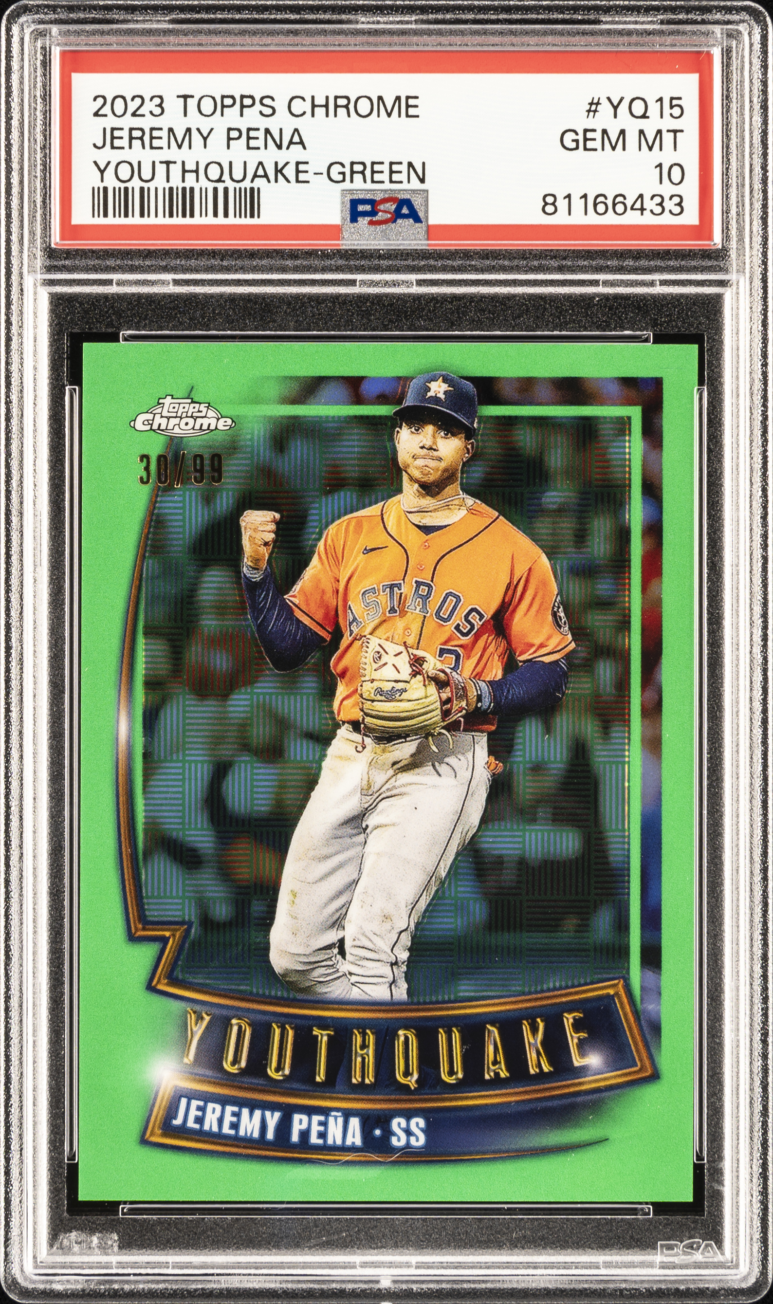 2023 Topps Chrome Youthquake Green Refractor #YQ-15 Jeremy Pena (#30/99) - PSA GEM MT 10 - Pop 2