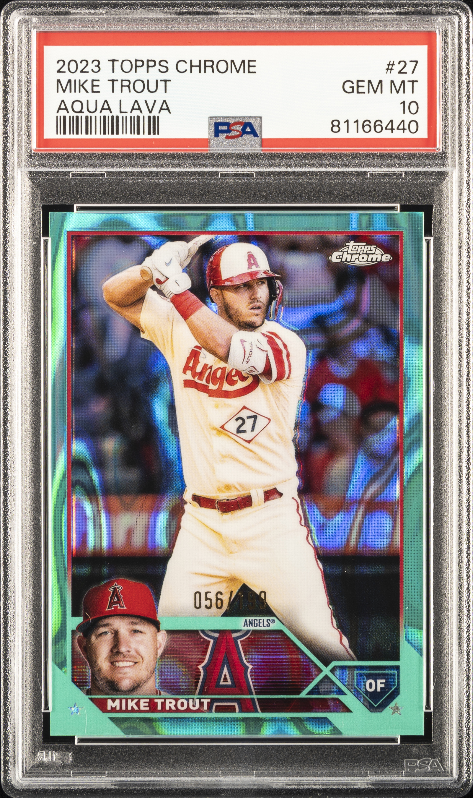 2023 Topps Chrome Aqua Lava Refractor #27 Mike Trout (#056/199) - PSA GEM MT 10 - Pop 5