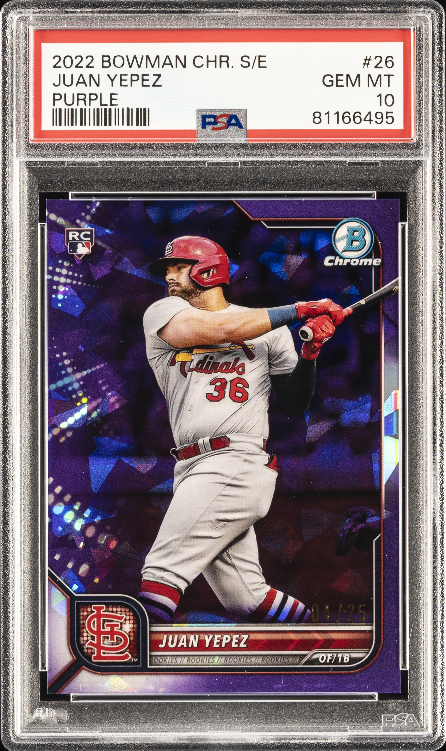 2022 Bowman Chrome Sapphire Edition Purple Refractor #26 Juan Yepez Rookie Card (#04/25) - PSA GEM MT 10 - Pop 1