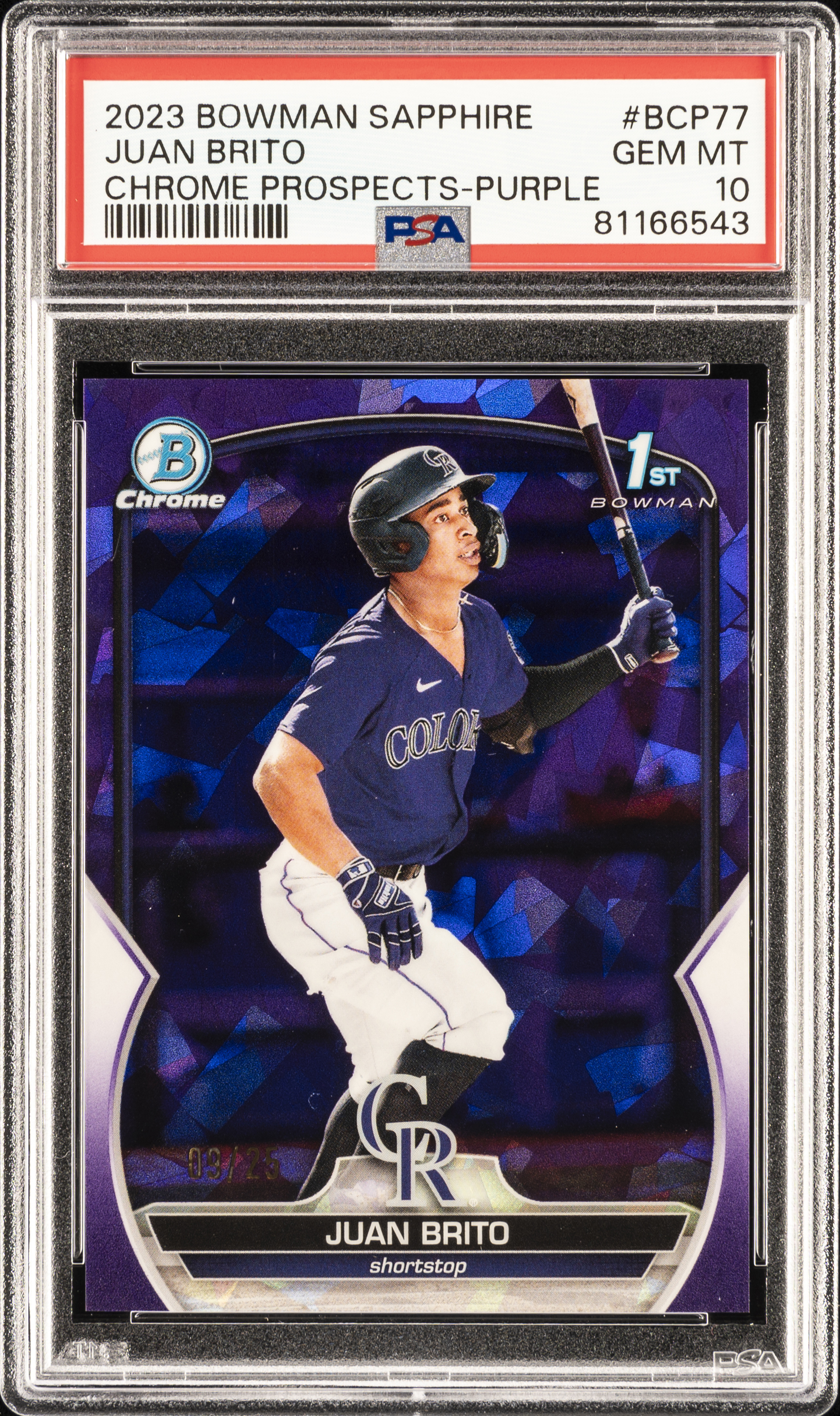 2023 Bowman Sapphire Edition Chrome Prospects Purple #BCP-77 Juan Brito Rookie Card (#09/25) - PSA GEM MT 10