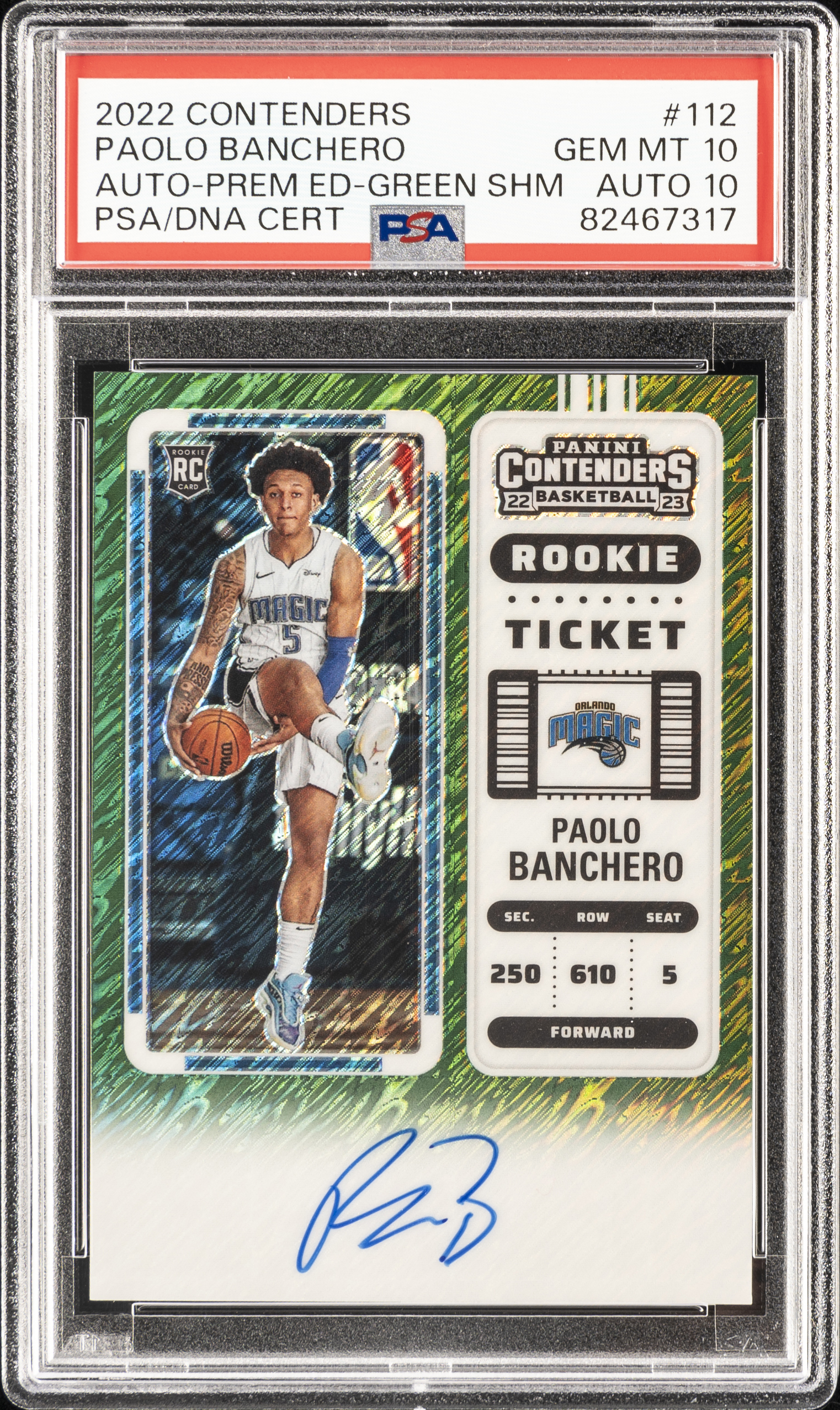 2022-23 Panini Contenders Rookie Ticket Autograph Premium Edition Green Shimmer #112 Paolo Banchero Signed Rookie Card - PSA GEM MT 10, PSA/DNA GEM MT 10 - Pop 3
