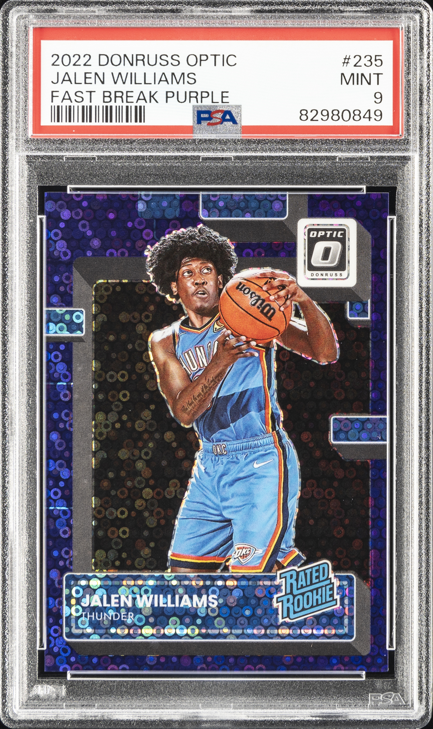 2022-23 Panini Donruss Optic Fast Break Purple Rated Rookie #235 Jalen Williams Rookie Card (#27/99) – PSA MINT 9