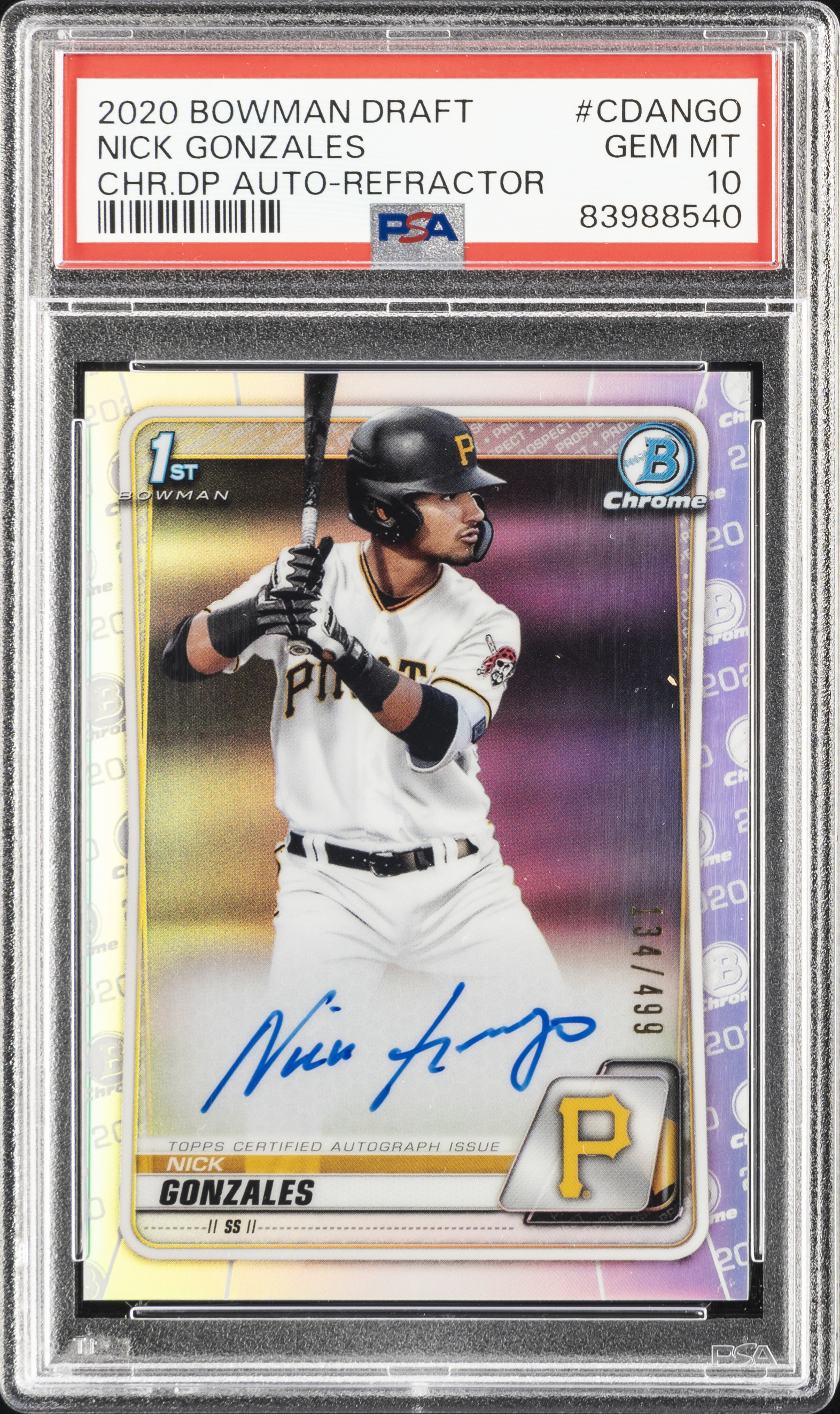 2020 Bowman Draft Chrome Draft Picks Autographs Refractor #CDA-NGO Nick Gonzales Signed Rookie Card (#134/499) – PSA GEM MT 10